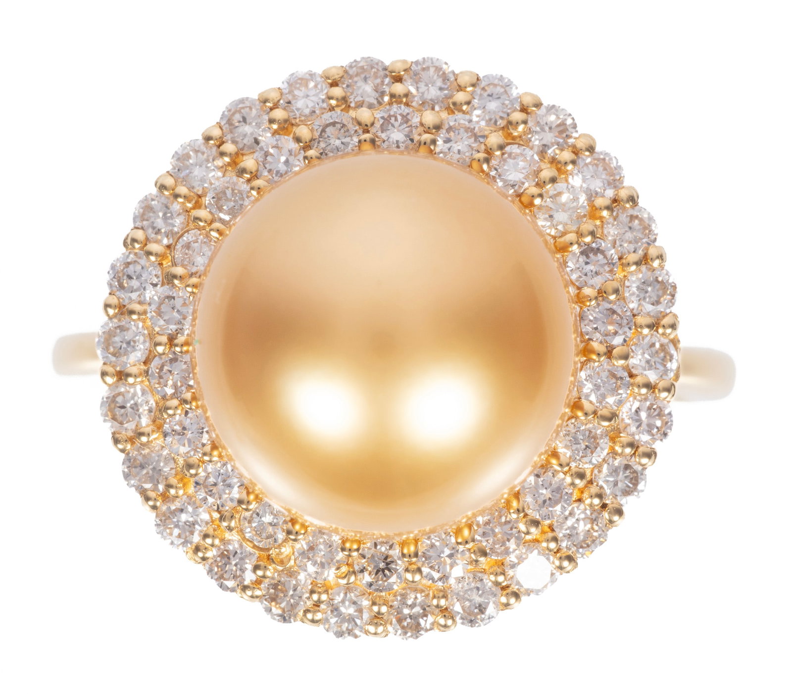 18 kt. Yellow Gold, Golden South Sea Pearl and Diamond Ring: 18 kt. Yellow Gold, Golden South Sea Pearl and Diamond Ring center round south sea pearl, 10.30-10.40 mm; double bezel with 0.65 ct. of round brilliant cut diamonds; size 6.25; GGA report.