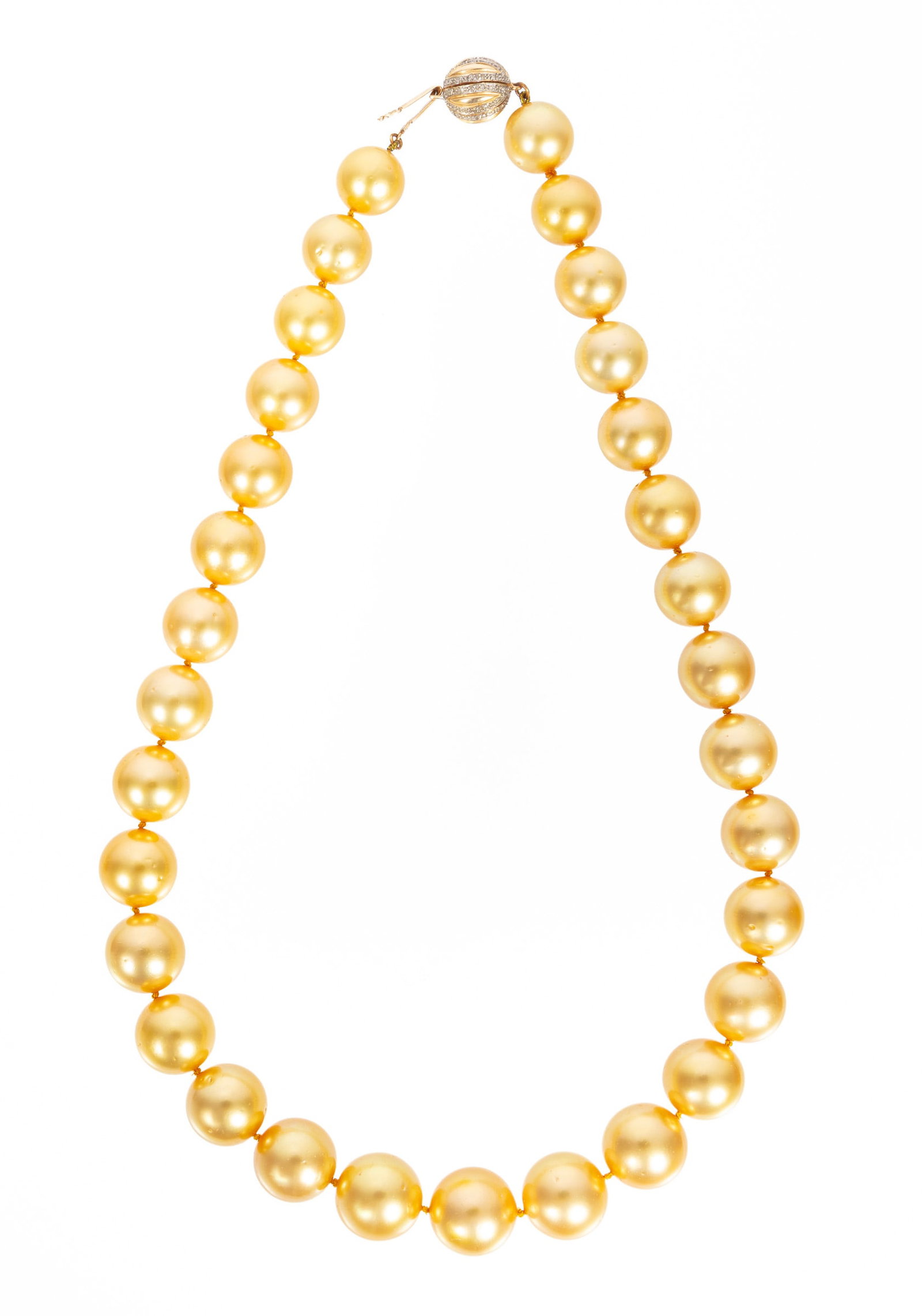 14 kt. Two Tone Gold, Diamond and Golden South Sea Pearl Necklace: 14 kt. Two Tone Gold, Diamond and Golden South Sea Pearl Necklace 31 round golden pearls, 12.00 to 14.69 mm; finished with 14 kt. yellow gold clasp, marked "14K 585 ACJ", mounted with 72 round cut dia