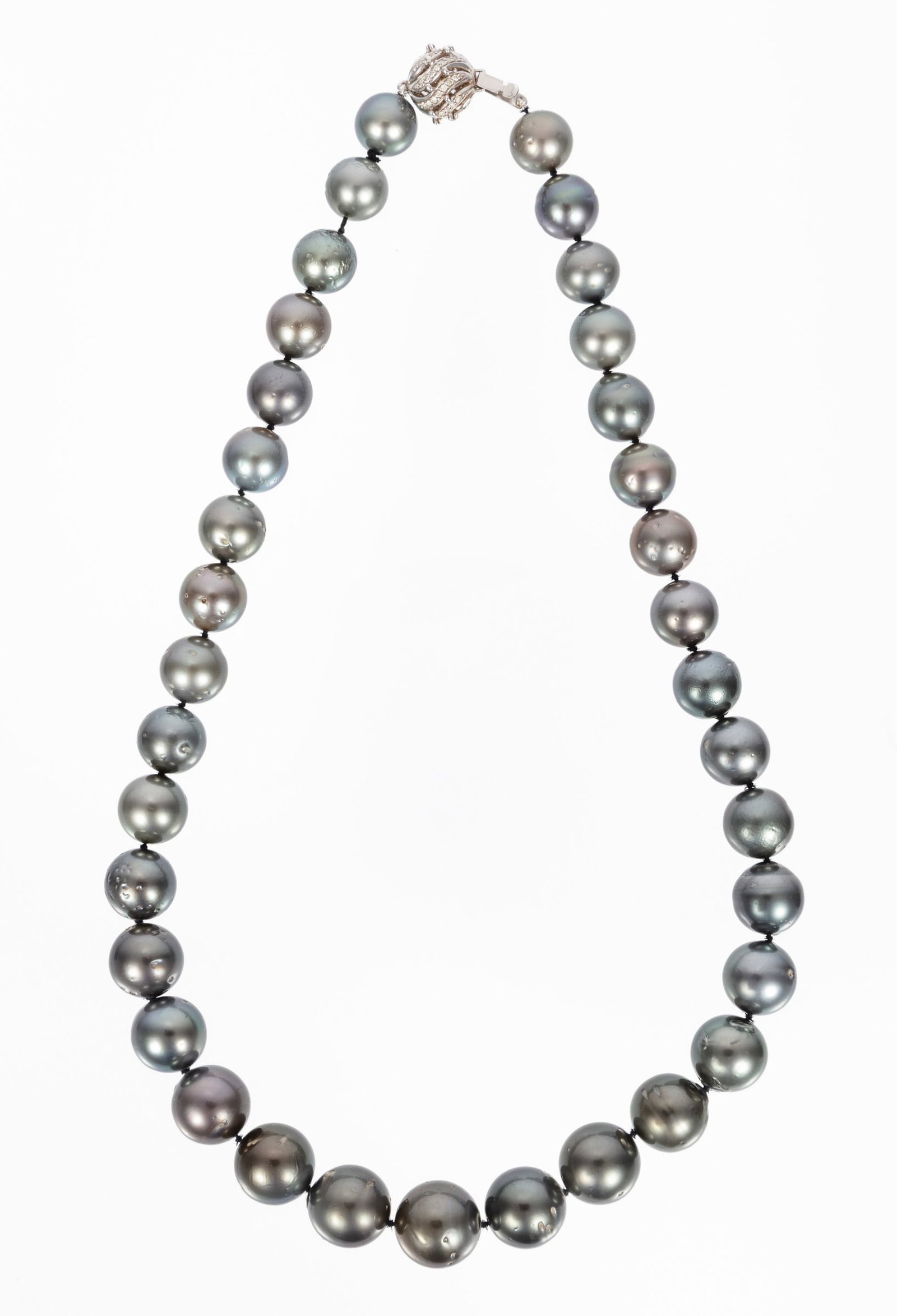 14 kt. White Gold, Tahitian Pearl and Diamond Necklace: 14 kt. White Gold, Tahitian Pearl and Diamond Necklace strand of 35 round/near round dark gray pearls, 11.00-14.00 mm; l. 18 in; clasp mounted with 0.35 ct. of round brilliant cut diamonds; AIGL repor