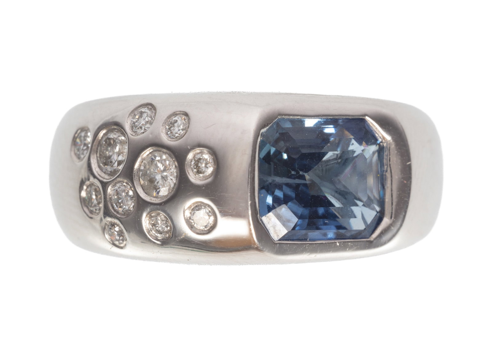 Platinum, Sapphire and Diamond Ring: Platinum, Sapphire and Diamond Ring central bezel set octagonal step cut GIA certified blue sapphire, wt. approx. 2.13 cts.; accented by 11 round brilliant cut diamonds, total wt. approx. 0.24 ct.; si