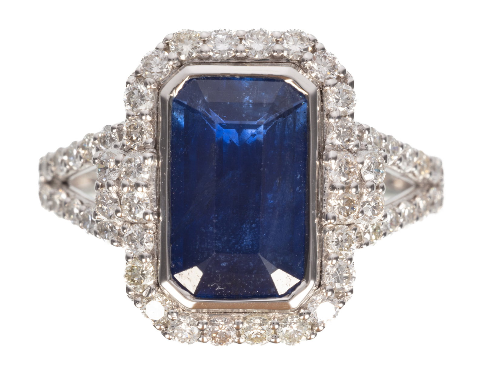 Platinum, Sapphire and Diamond Ring: Platinum, Sapphire and Diamond Ring center octagonal step faceted cut blue sapphire, wt. approx. 3.28 cts.; bezel and open work shoulders set with 0.75 ct. of round diamonds; size 6.75; GGA and GIA re