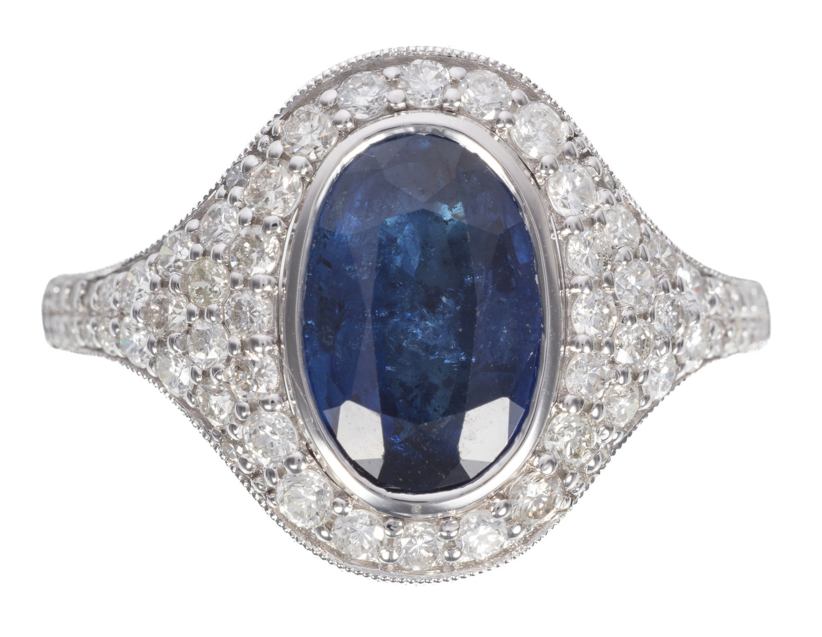 Platinum, Sapphire and Diamond Ring: Platinum, Sapphire and Diamond Ring center bezel set oval brilliant faceted cut sapphire, wt. approx. 2.33 cts.; mounted with 0.75 ct. of round brilliant cut diamonds; size 6.5; GGA and GIA reports. P