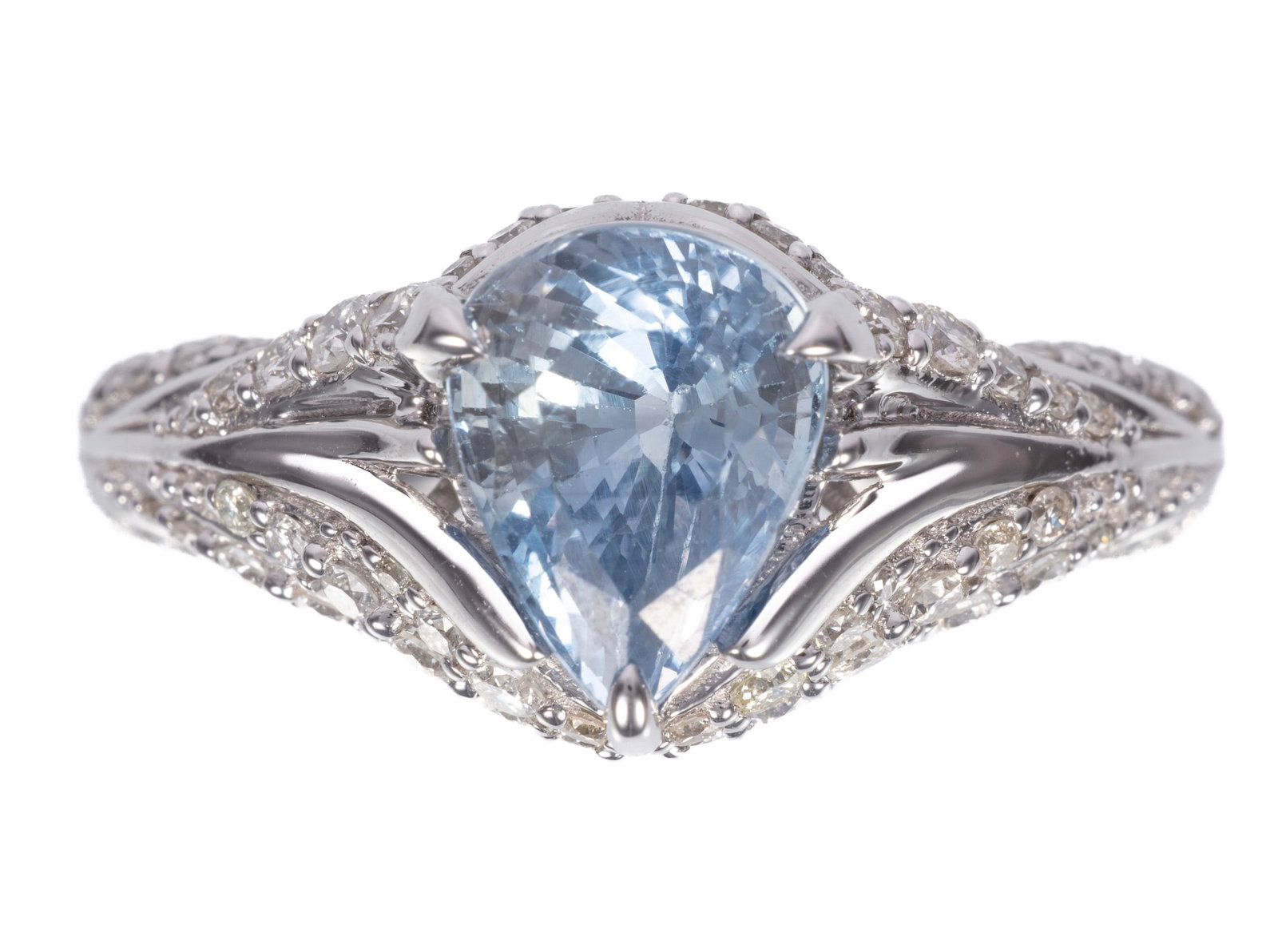 Platinum, Sapphire and Diamond Ring: Platinum, Sapphire and Diamond Ring center pear mixed cut blue sapphire, wt. approx. 2.51 cts.; mounted with 0.54 ct. of round brilliant cut diamonds; size 6.75; GGA and GIA reports.