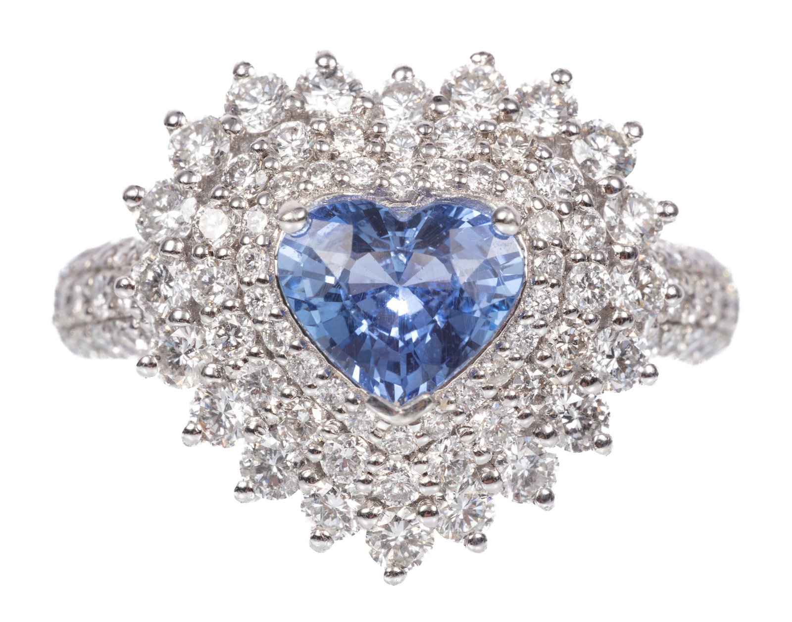 Platinum, Blue Sapphire and Diamond Ring: Platinum, Blue Sapphire and Diamond Ring center heart shape mixed cut blue sapphire, wt. approx. 1.19 cts.; mounted with 96 round brilliant cut diamonds; total wt. approx. 1.51 cts.; size 7; AIGL and 