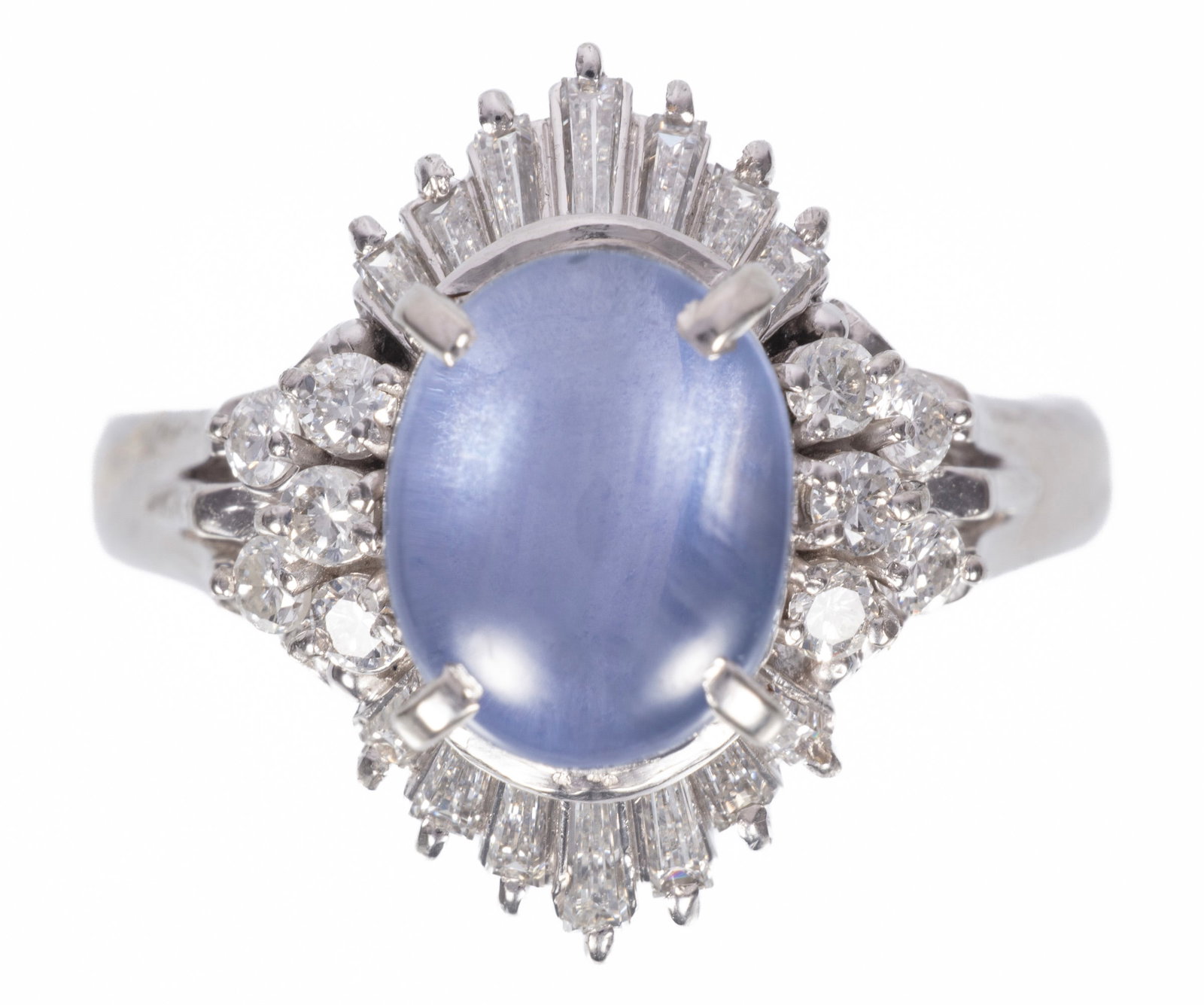 Platinum, Star Sapphire and Diamond Ring: Platinum, Star Sapphire and Diamond Ring center oval cabochon star sapphire, wt. approx. 4.12 cts.; mounted with 14 baguette and 10 round brilliant cut diamonds, total wt. approx. 0.59 cts.; size 6.25