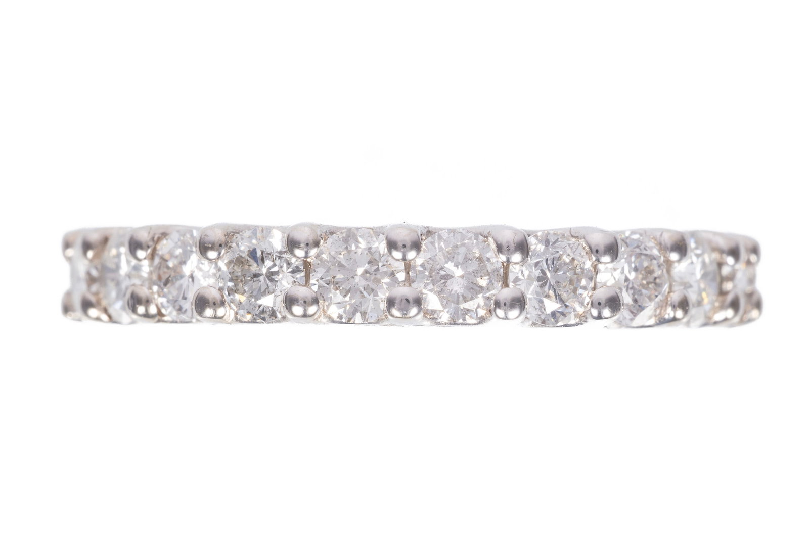 14 kt. White Gold and Diamond Eternity Band Ring: 14 kt. White Gold and Diamond Eternity Band Ring mounted with 21 round brilliant cut diamonds, total wt. approx. 2.00 cts., E-F color, VS2-SI2 clarity; size 6.5; GGA report. Please Note: Payment for a