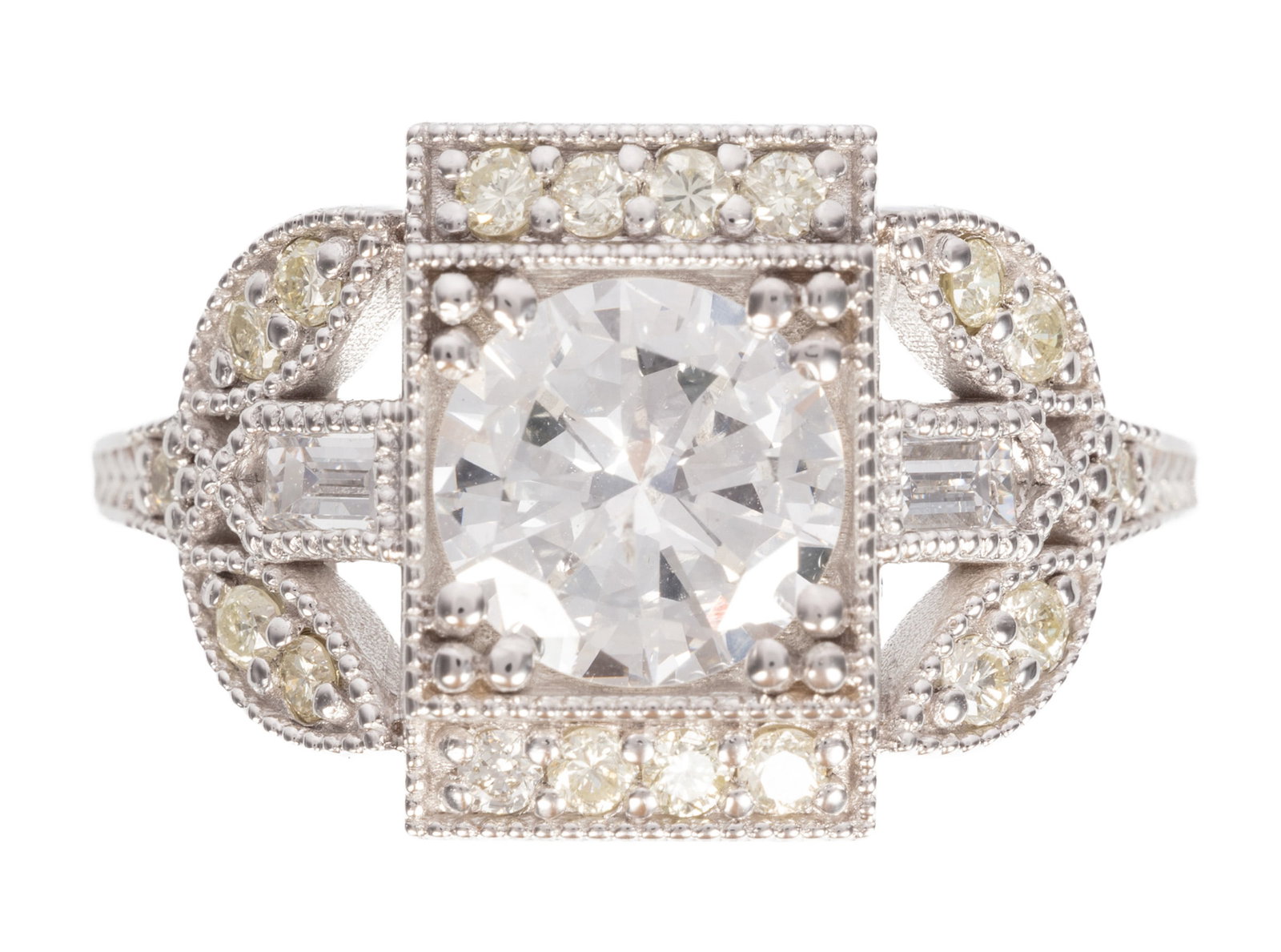 14 kt. White Gold and Diamond Ring: 14 kt. White Gold and Diamond Ring center round diamond, wt. approx . 1.17 cts.; openwork mount with numerous round diamonds; size 7; 2.86 dwts. Please Note: Payment for all jewelry and all couture it