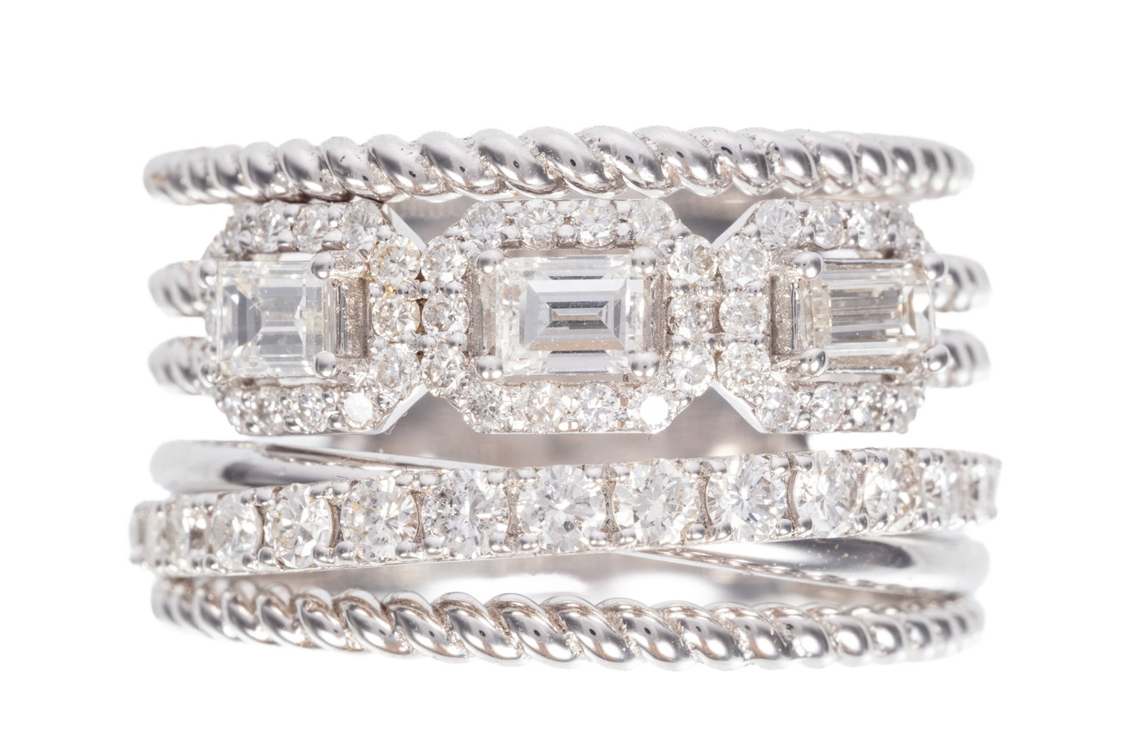 14 kt. White Gold and Diamond Multi Band Ring: 14 kt. White Gold and Diamond Multi Band Ring mounted with 1.42 cts. of round and emerald cut diamonds; size 7.75; 6.39 dwts. Please Note: Payment for all jewelry and all couture items MUST be made by