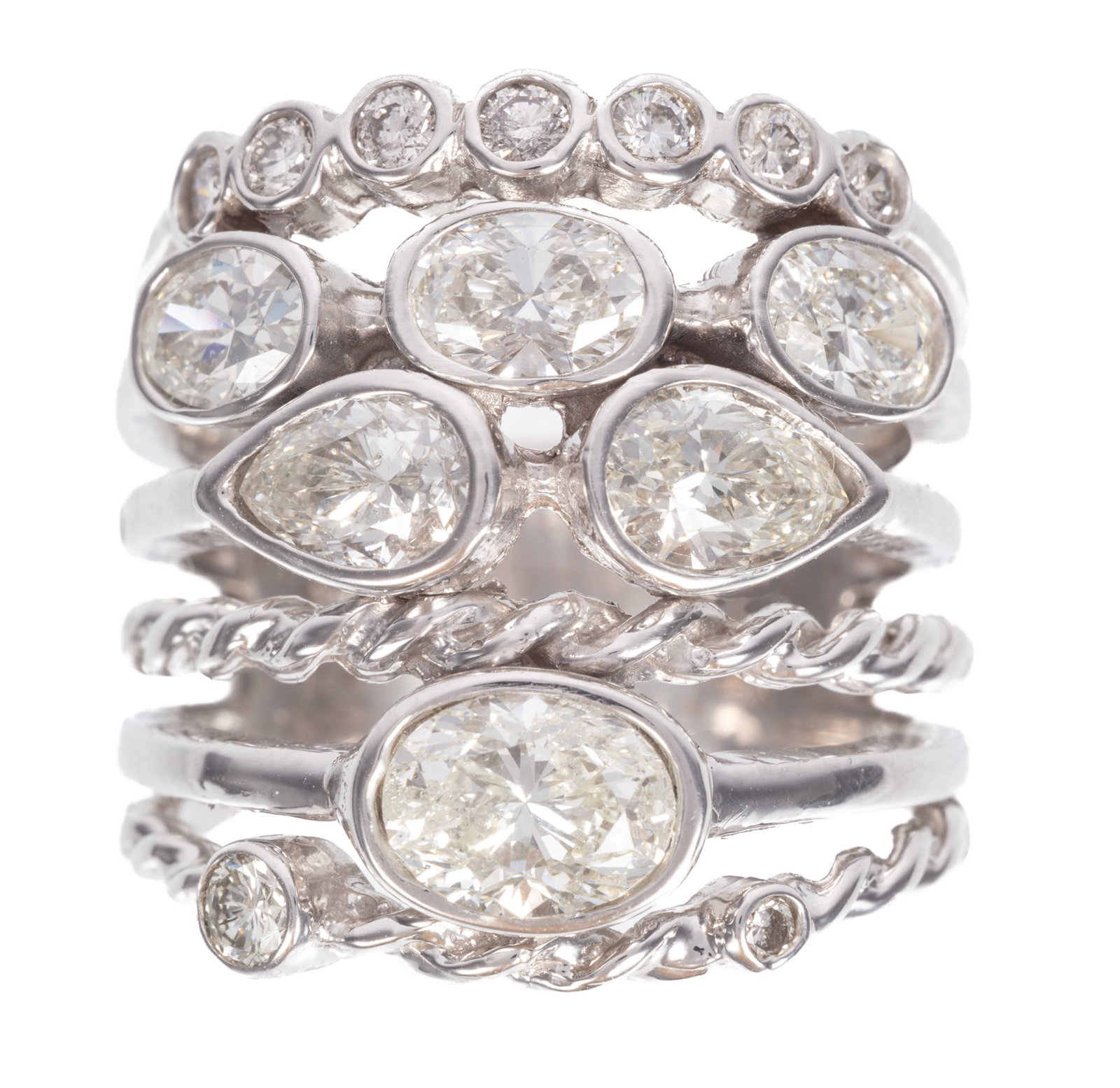 14 kt. White Gold and Diamond Multi Stack Ring: 14 kt. White Gold and Diamond Multi Stack Ring mounted with 3.36 cts. of round, pear and oval cut diamonds; size 7; 7.75 dwts. Please Note: Payment for all jewelry and all couture items MUST be made b
