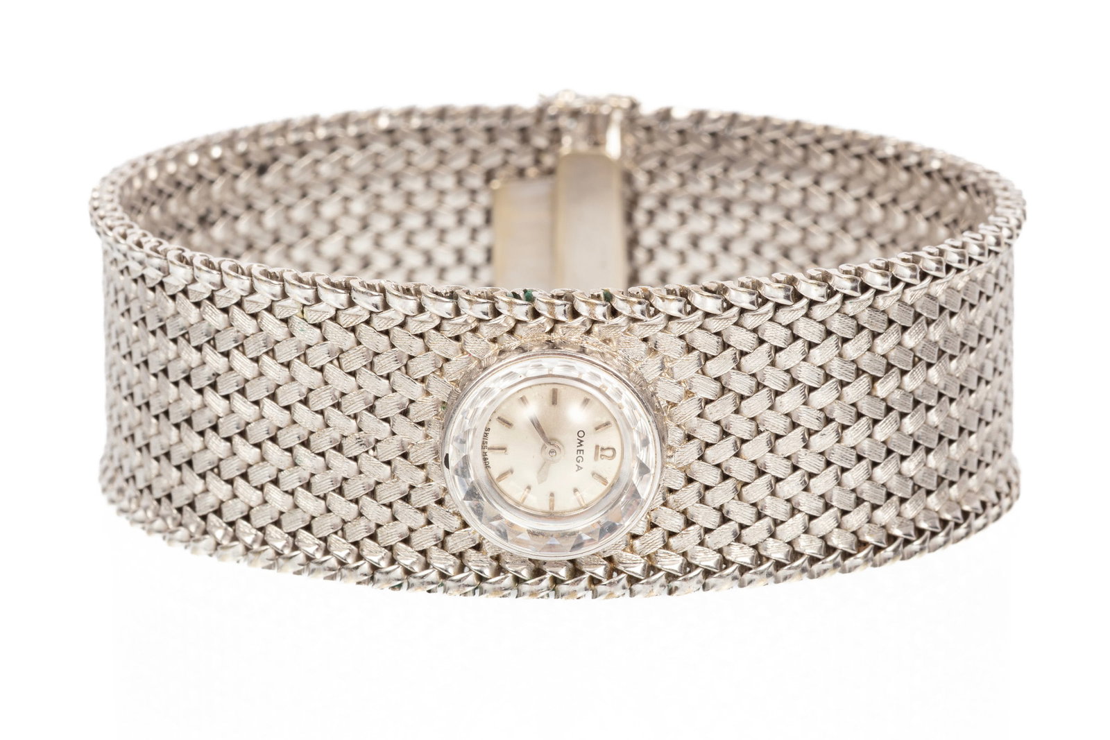 Omega 18k Gold Ladies Watch: Omega 18k Gold Ladies Watch manual, 13mm, white gold mesh bracelet marked 750, length 7 1/4 in., weight without movement 72 grams
