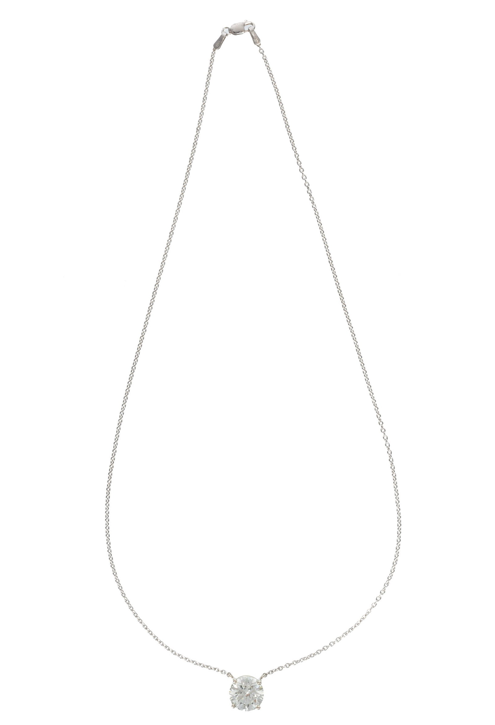 14 kt. White Gold and 4.55 carat Diamond Pendant on Chain Necklace: 14 kt. White Gold and 4.55 carat Diamond Pendant on Chain Necklace center prong set round brilliant cut diamond wt. approx. 4.55 cts., 10.38 x 10.42 x 6.66 mm, K color, I1 clarity; chain l. 18 in.; 3.