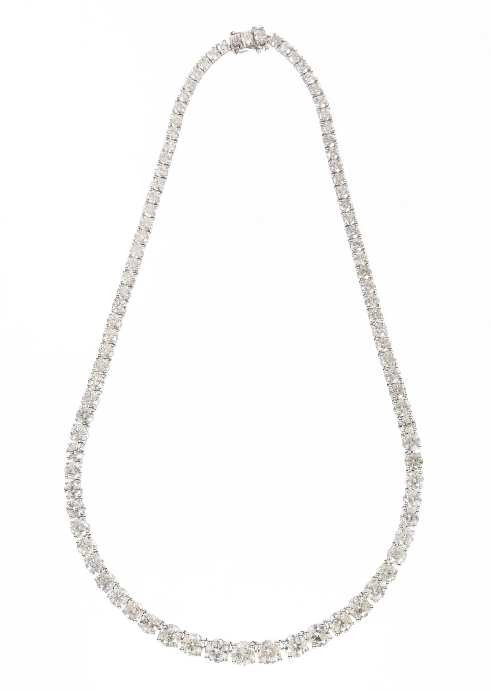 14 kt. White Gold and Graduated Diamond Necklace: 14 kt. White Gold and Graduated Diamond Necklace mounted with 91 round brilliant cut diamonds, total wt. approx. 39.57 cts., G-I color, I1-I2 clarity; l. 17 in.; AIGL report. Please Note: Payment for 