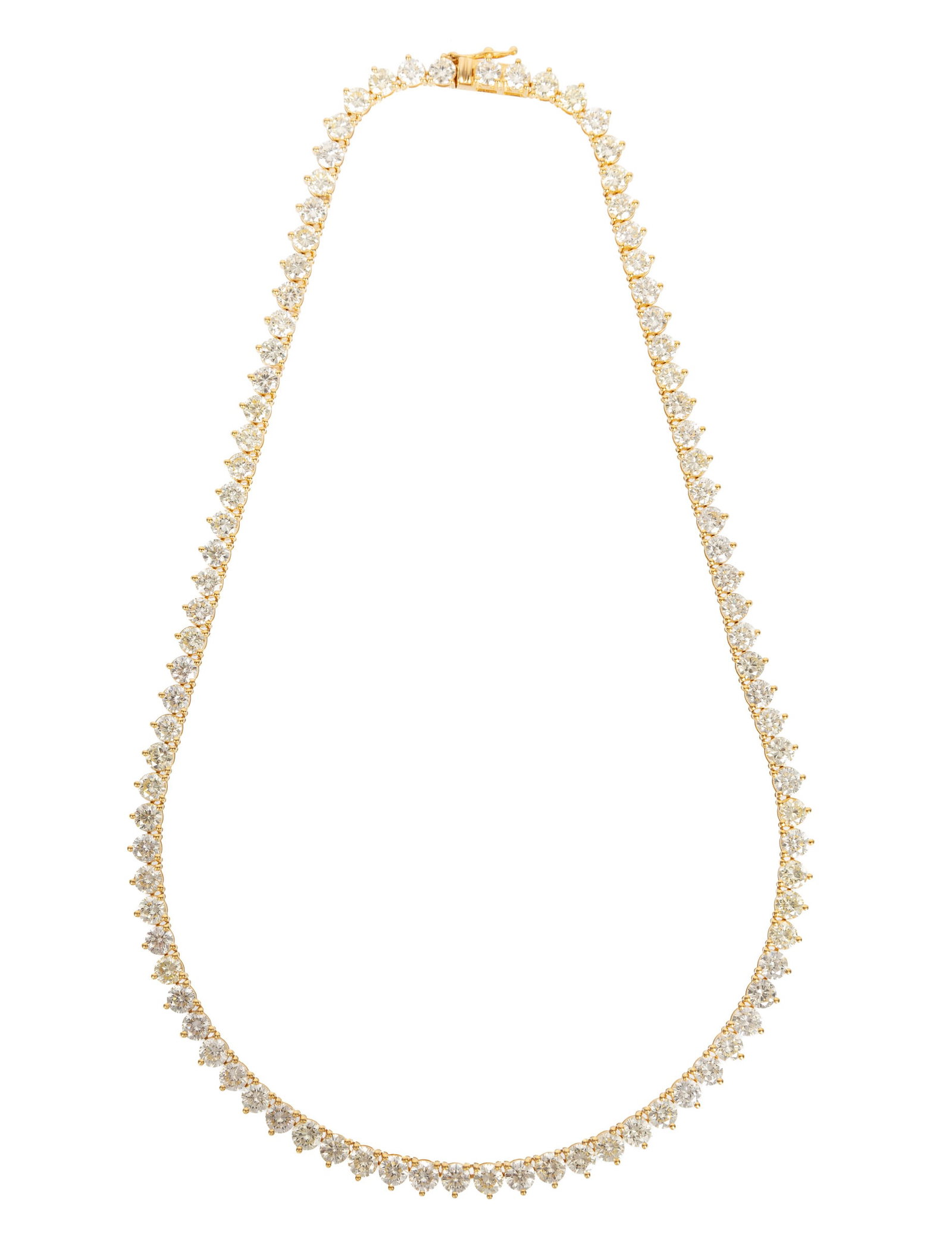 14 kt. Yellow Gold and Diamond Tennis Necklace: 14 kt. Yellow Gold and Diamond Tennis Necklace mounted with 26.88 cts. of round diamonds; l. 17 in.; 18.83 dwts. Please Note: Payment for all jewelry and all couture items MUST be made by cash, check 