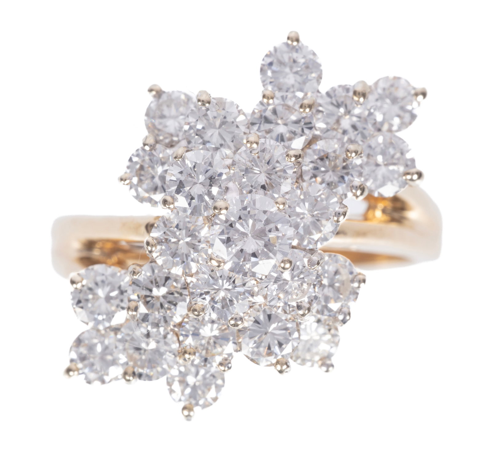 14 kt. Two Tone Gold and Diamond Cluster Ring: 14 kt. Two Tone Gold and Diamond Cluster Ring mounted with 25 round brilliant cut diamonds, total wt. approx. 2.50 cts., F-G color, VS1-SI1 clarity; size 7.75; AIGL report. Please Note: Payment for al