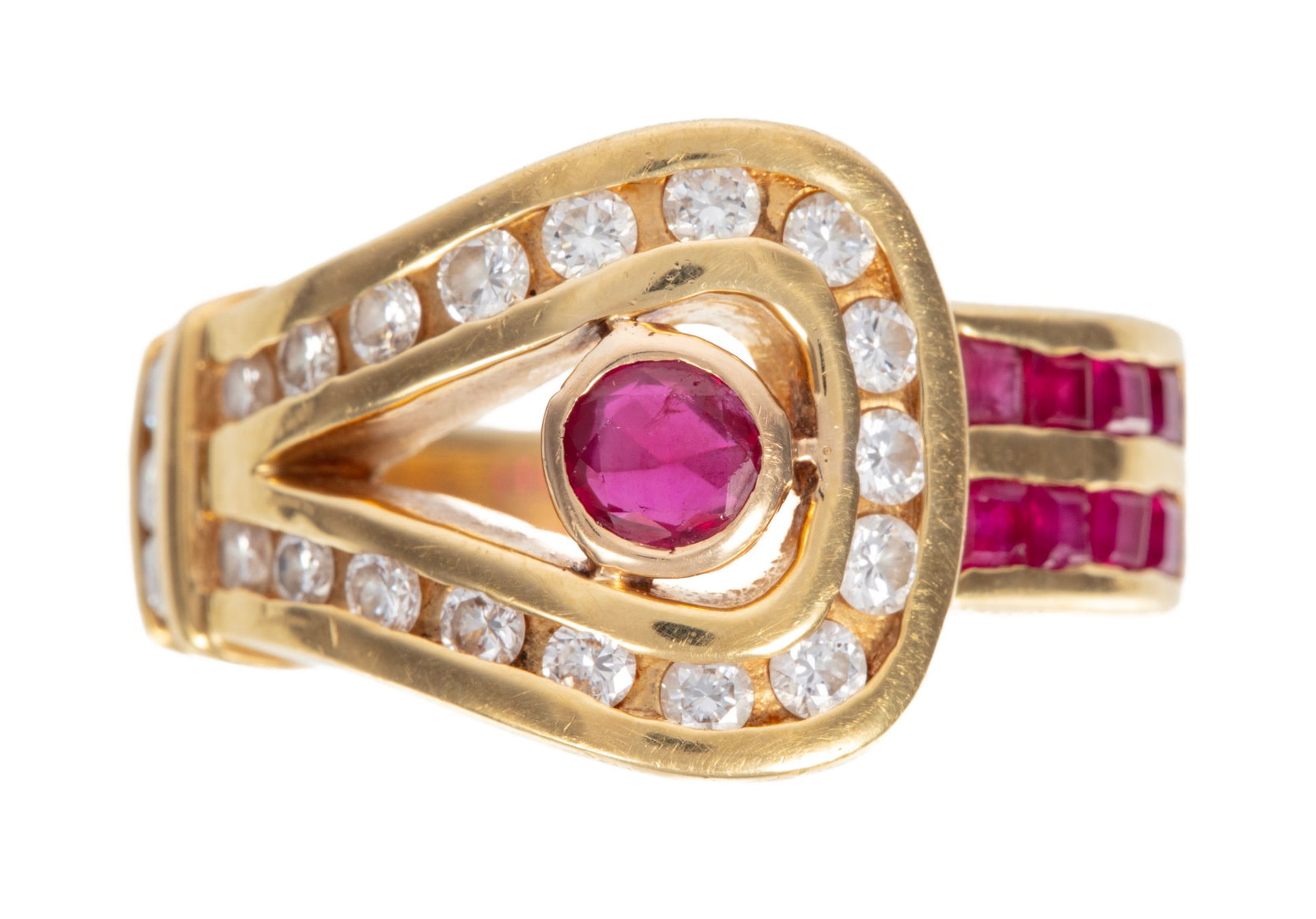18 kt. Yellow Gold, Ruby and Diamond Buckle Ring: 18 kt. Yellow Gold, Ruby and Diamond Buckle Ring marked "JS 18K", 7.38 dwts.