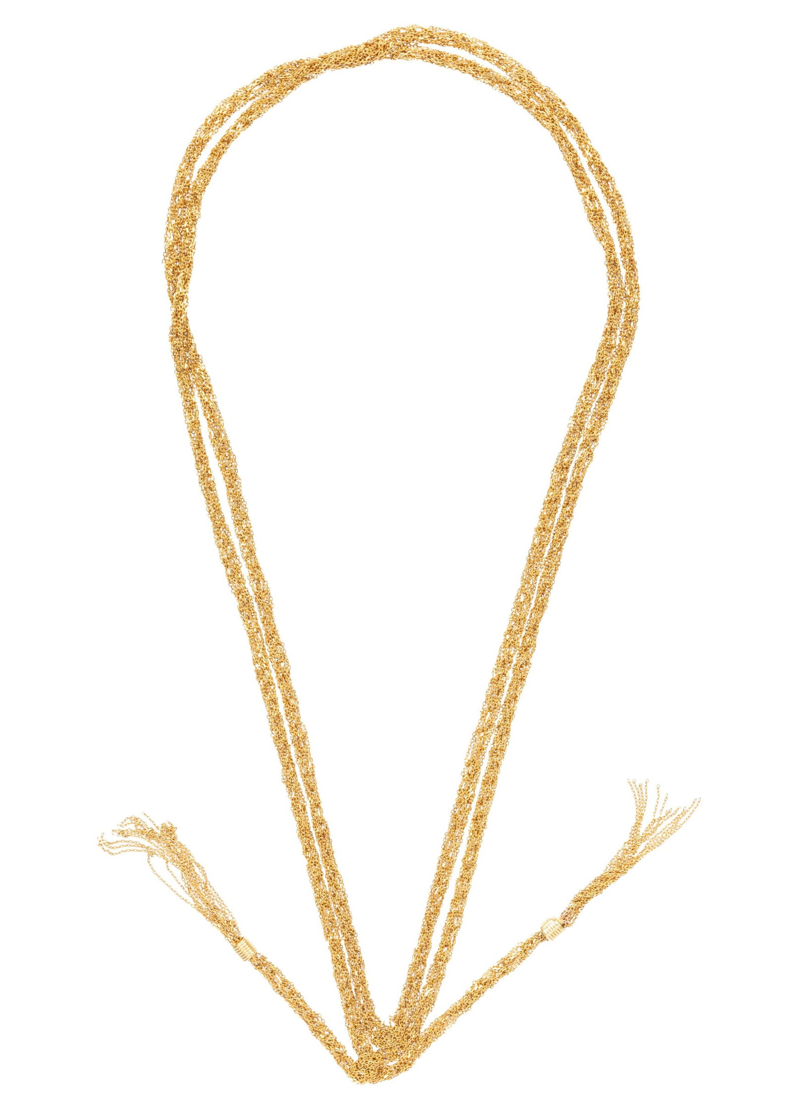 Italian 18 kt. Gold Tassel Rope Necklace: Italian 18 kt. Gold Tassel Rope Necklace marked "ITALY", "J" and "18K", l. 48 in.; 21.92 dwts.