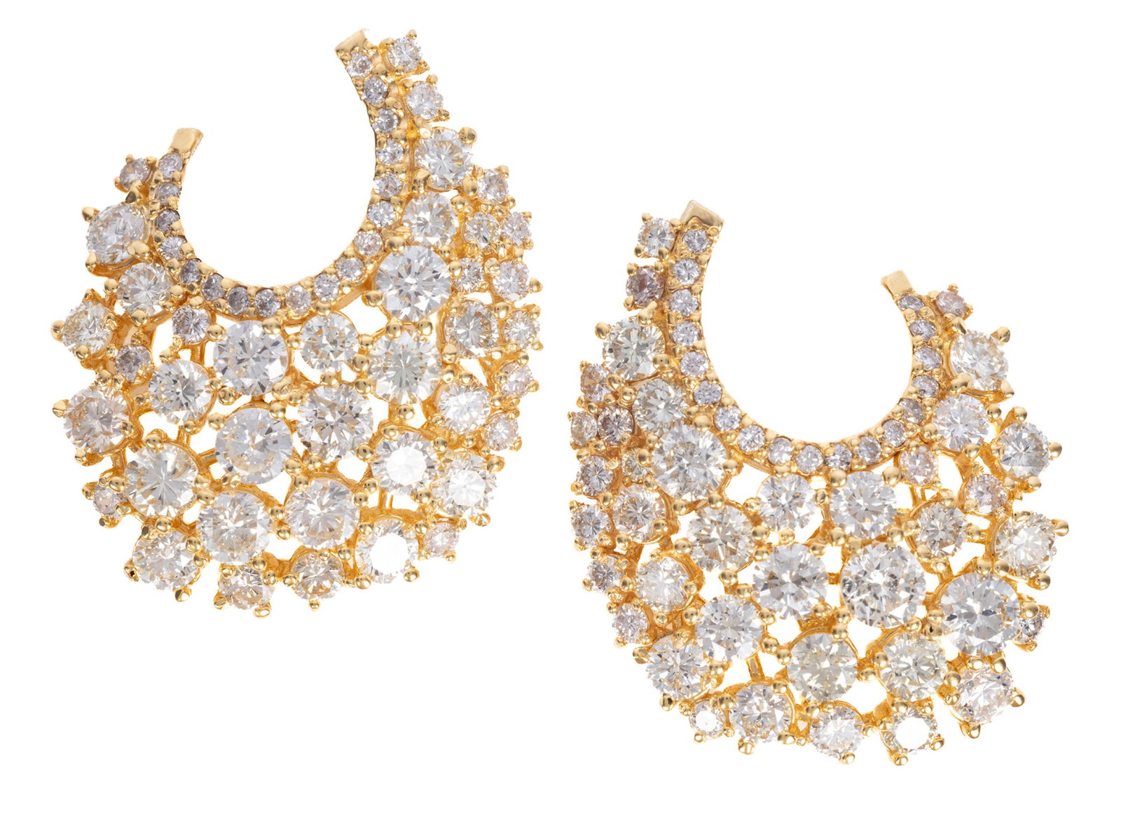 Pair of 14 kt. Yellow Gold and Diamond Earrings: Pair of 14 kt. Yellow Gold and Diamond Earrings mounted with 7.99 cts. of round brilliant cut diamonds in swoop design; 8.20 dwts. Please Note: Payment for all jewelry and all couture items MUST be ma