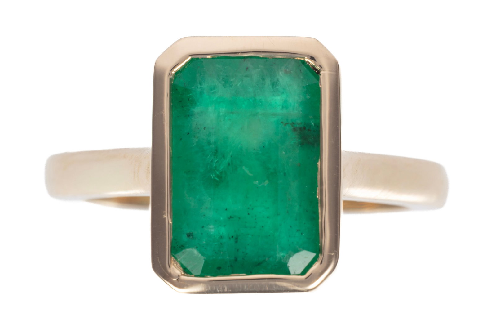 14 kt. Yellow Gold and Emerald Ring: 14 kt. Yellow Gold and Emerald Ring center octagonal step cut emerald, wt. approx. 2.77 cts.; size 5.75; AIGL report. Please Note: Payment for all jewelry and all couture items MUST be made by cash, c