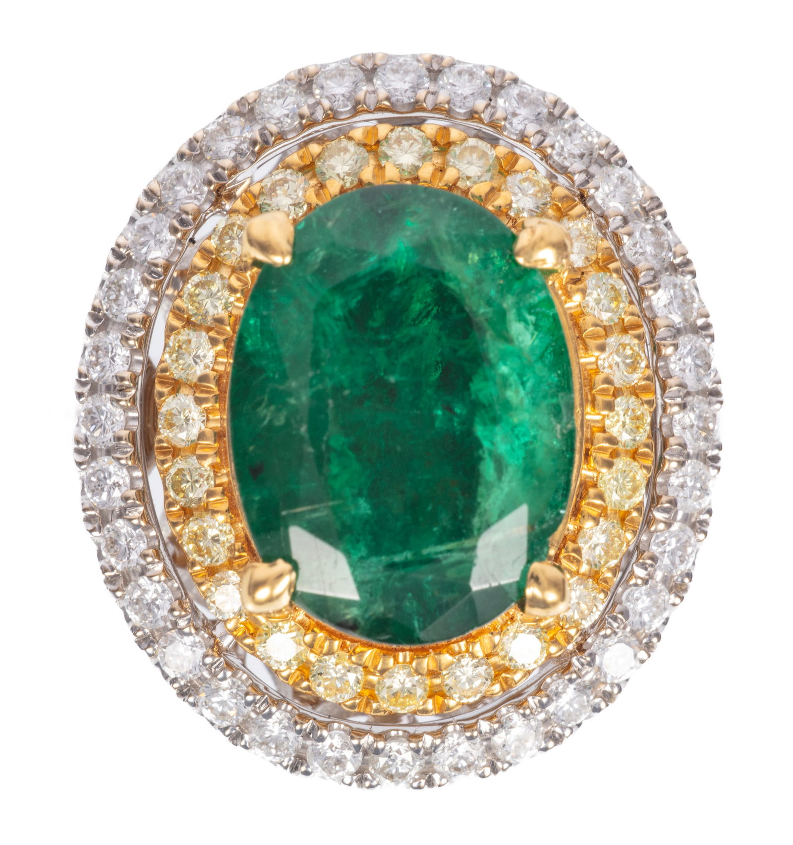 22 kt. Yellow Gold, 18 kt. White Gold, Emerald and Diamond Ring: 22 kt. Yellow Gold, 18 kt. White Gold, Emerald and Diamond Ring center oval mixed cut emerald, wt. approx. 5.26 cts.; mounted with 24 Fancy Yellow diamonds, total wt. approx. 0.36 ct.; and 44 round br