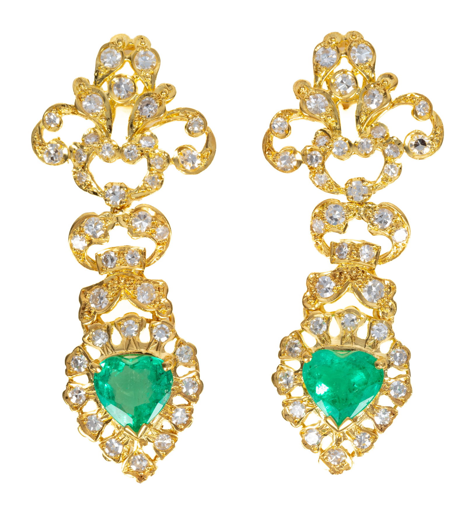 Pair of 18 kt. Yellow Gold, Emerald and Diamond Dangle Earrings: Pair of 18 kt. Yellow Gold, Emerald and Diamond Dangle Earrings mounted with 2 heart shape modified brilliant cut emeralds, total wt. approx. 3.67 vts.; ornate openwork design with numerous round diam