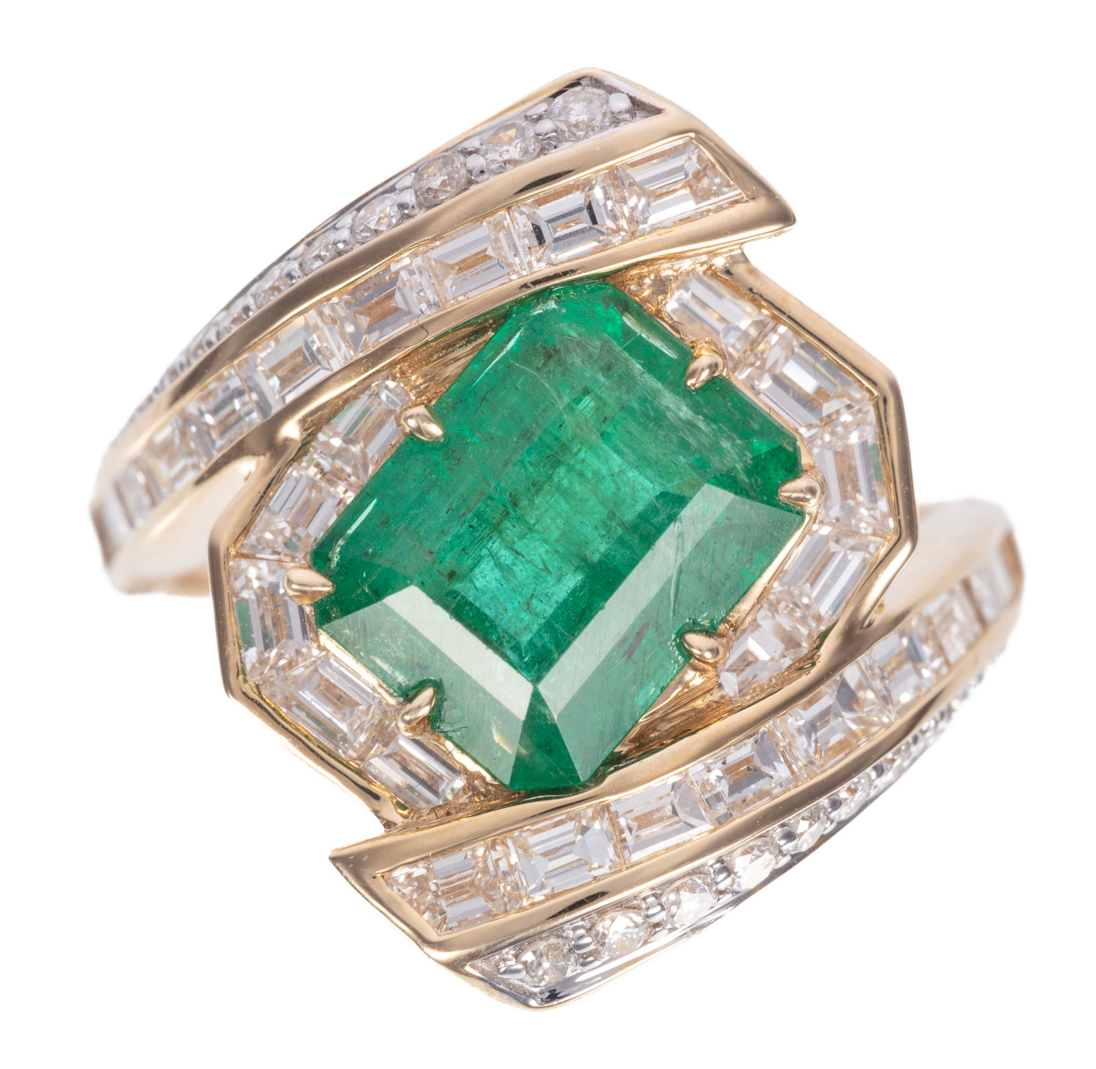 14 kt. Yellow Gold, Emerald and Diamond Ring: 14 kt. Yellow Gold, Emerald and Diamond Ring center octagonal mixed cut emerald, wt. approx. 3.01 cts.; mounted with 30 baguette and 30 round brilliant cut diamonds, total wt. approx. 1.97 cts.; size 