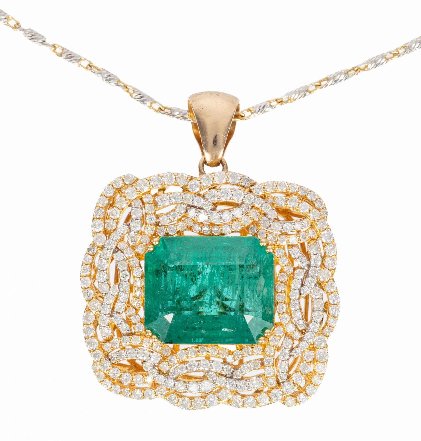 14 kt. Yellow Gold, Emerald and Diamond Pendant on Chain: 14 kt. Yellow Gold, Emerald and Diamond Pendant on Chain center GIA certified octagonal step cut emerald, wt. approx. 15.03 cts., 16.65 x 13.82 x 8.75 mm; openwork braided bezel with 244 round brillia