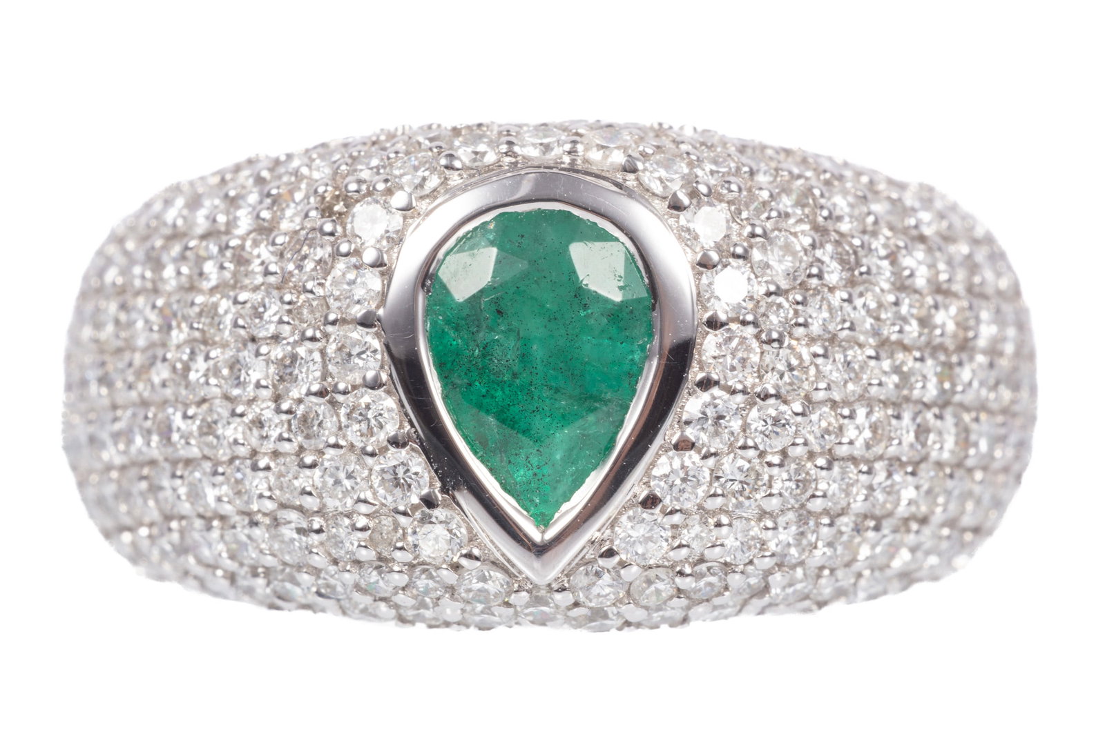 18 kt. White Gold, Emerald and Diamond Ring: 18 kt. White Gold, Emerald and Diamond Ring center bezel set pear mixed cut emerald, wt. approx. 0.65 ct.; mounted with 170 pave set round brilliant cut diamonds, total wt. approx. 1.33 cts., G-H colo