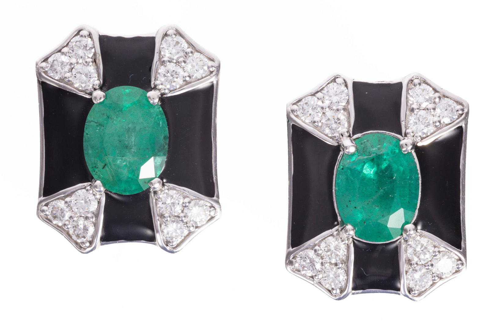 Pair of Platinum, Emerald, Diamond and Enamel Earrings (1 of 2)