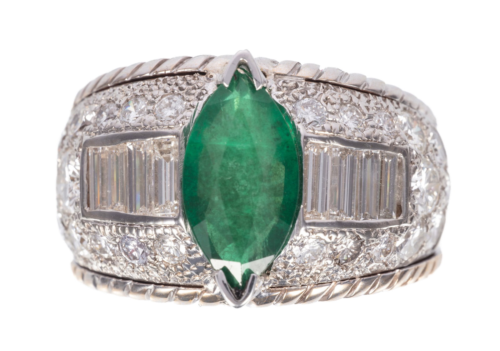 14 kt. White Gold, Emerald and Diamond Man's Ring: 14 kt. White Gold, Emerald and Diamond Man's Ring center marquise mixed cut emerald, wt. approx. 3.24 cts.; mounted with 8 baguette and 21 round brilliant cut diamonds, total wt. approx. 3.00 cts., F-
