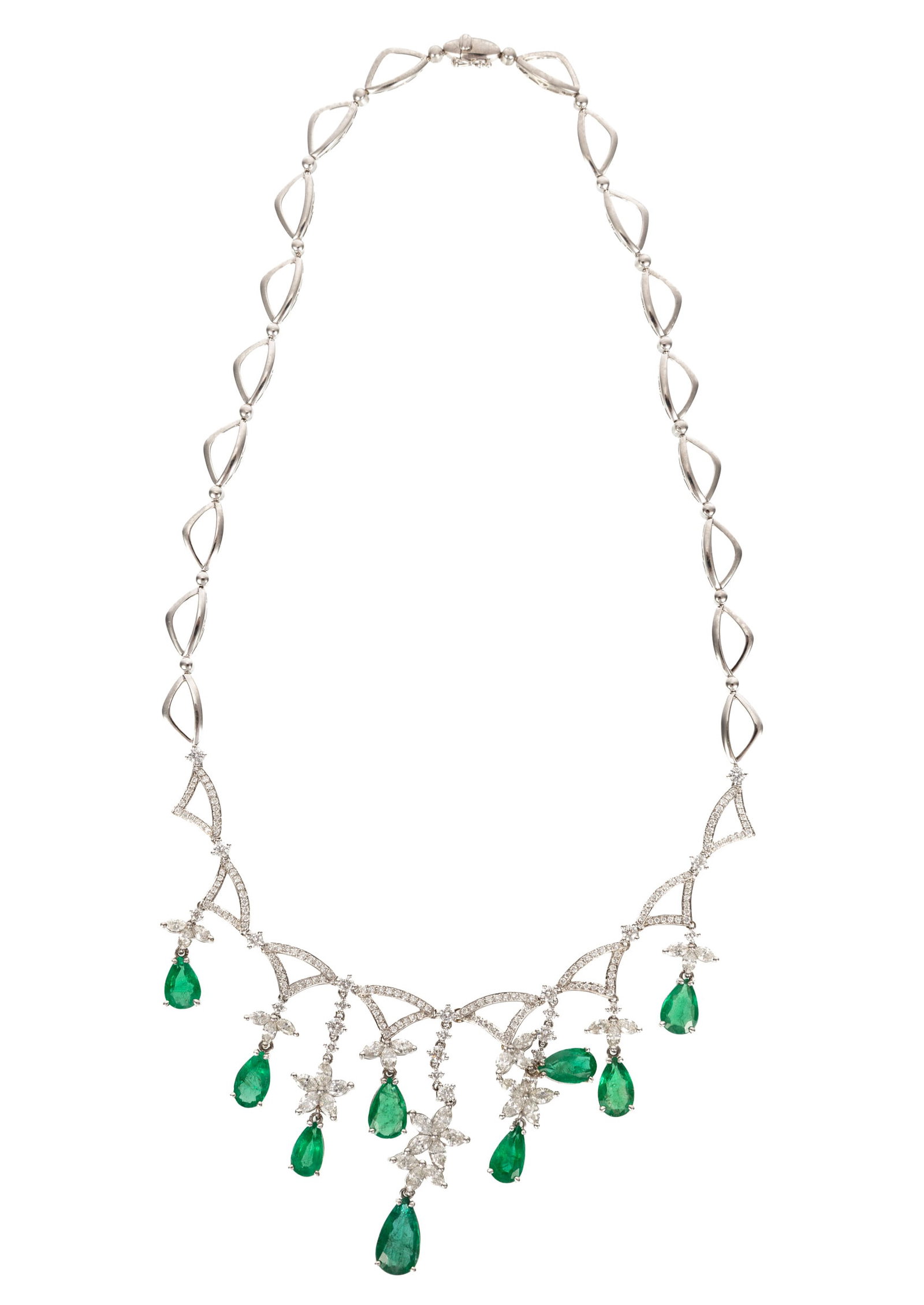 18 kt. White Gold, Emerald and Diamond Necklace: 18 kt. White Gold, Emerald and Diamond Necklace mounted with 9 pear shape emeralds, total wt. approx. 13.32 cts.; linked by numerous round and marquise shape diamonds; l. 17 in.; GIA report. Please No
