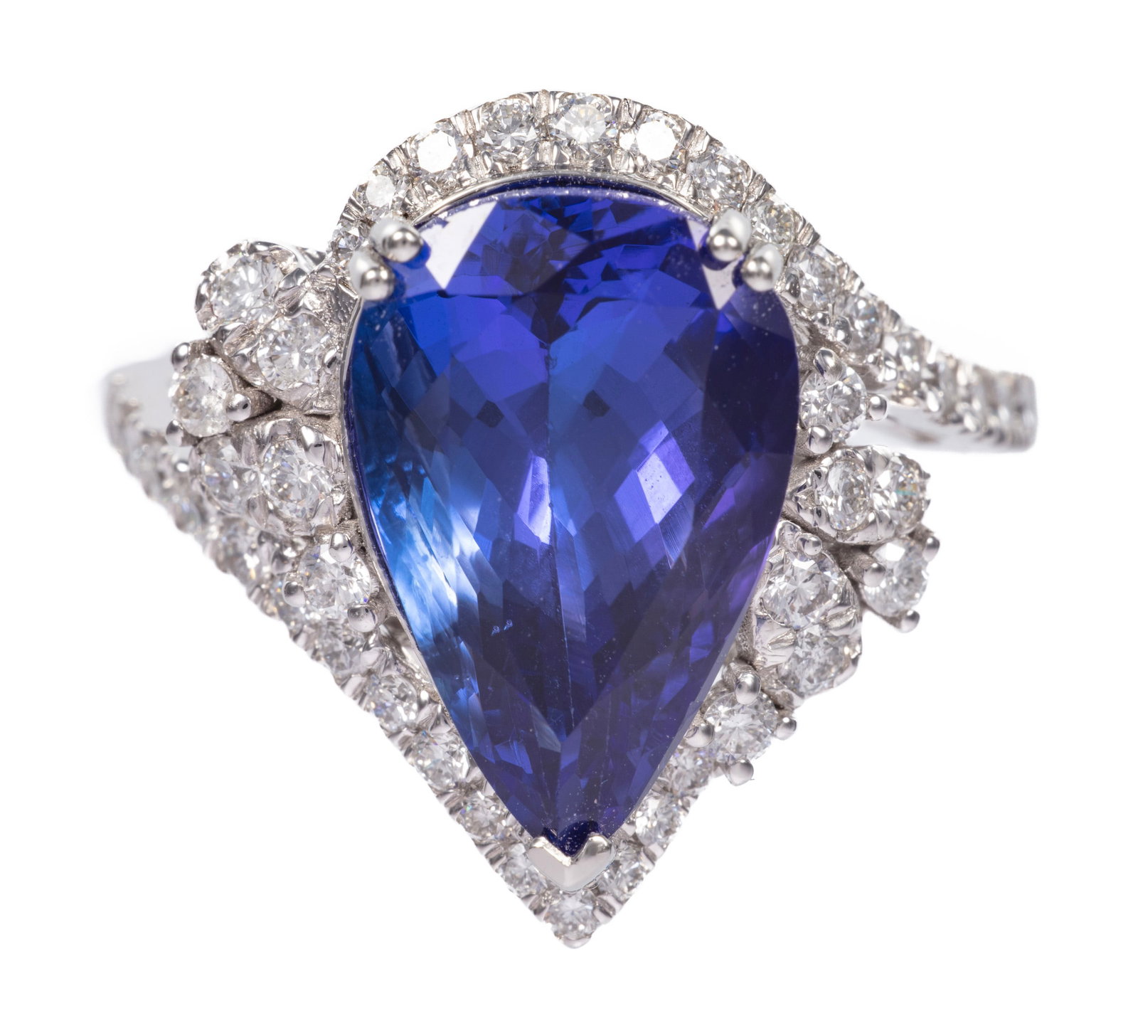 Platinum, Tanzanite and Diamond Ring: Platinum, Tanzanite and Diamond Ring center pear mixed cut tanzanite, wt. approx. 6.36 cts.; mounted with 42 round brilliant cut diamonds, total wt. approx. 0.69 ct.; size 6.75; AIGL and GIA reports. 