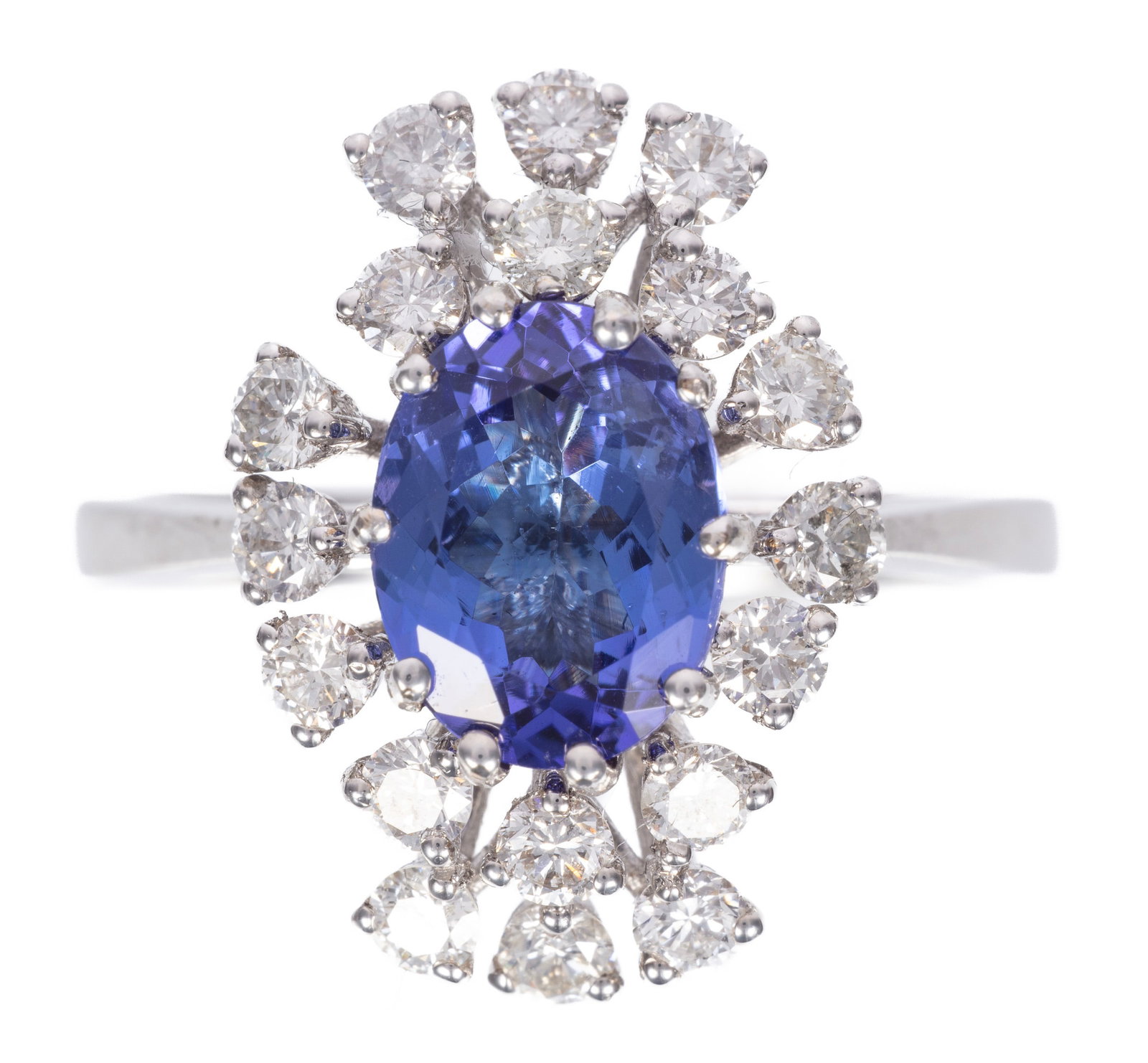 18 kt. White Gold, Tanzanite and Diamond Ring: 18 kt. White Gold, Tanzanite and Diamond Ring center oval mixed cut tanzanite, wt. approx. 1.80 cts.; mounted with 0.86 ct. of round brilliant cut diamonds; size 6.75; AIGL report. Please Note: Paymen