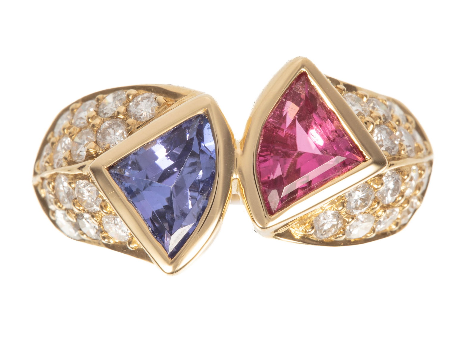 18 kt. Yellow Gold, Tanzanite, Tourmaline and Diamond Ring: 18 kt. Yellow Gold, Tanzanite, Tourmaline and Diamond Ring mounted with bezel set triangular mixed cut tanzanite, wt. approx. 0.81 ct.; and triangular rubellite tourmaline, wt. approx. 0.87 ct.; accen