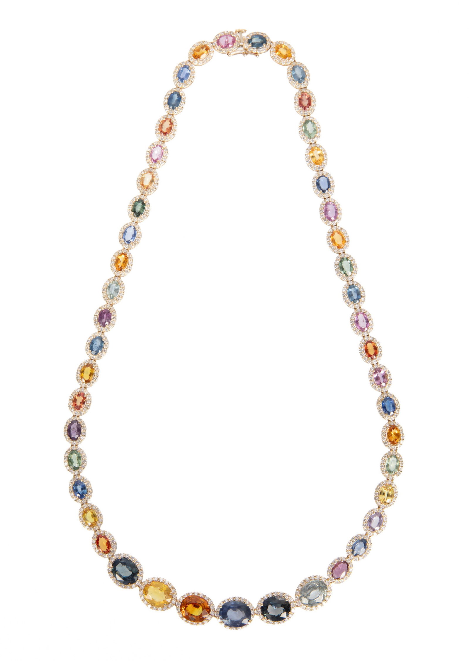14 kt. Yellow Gold, Multicolor Sapphire and Diamond Necklace: 14 kt. Yellow Gold, Multicolor Sapphire and Diamond Necklace mounted with 47 graduated oval mixed cut sapphires, total wt. approx. 40.00 cts.; bezels with 8.00 cts. of round brilliant cut diamonds, G-