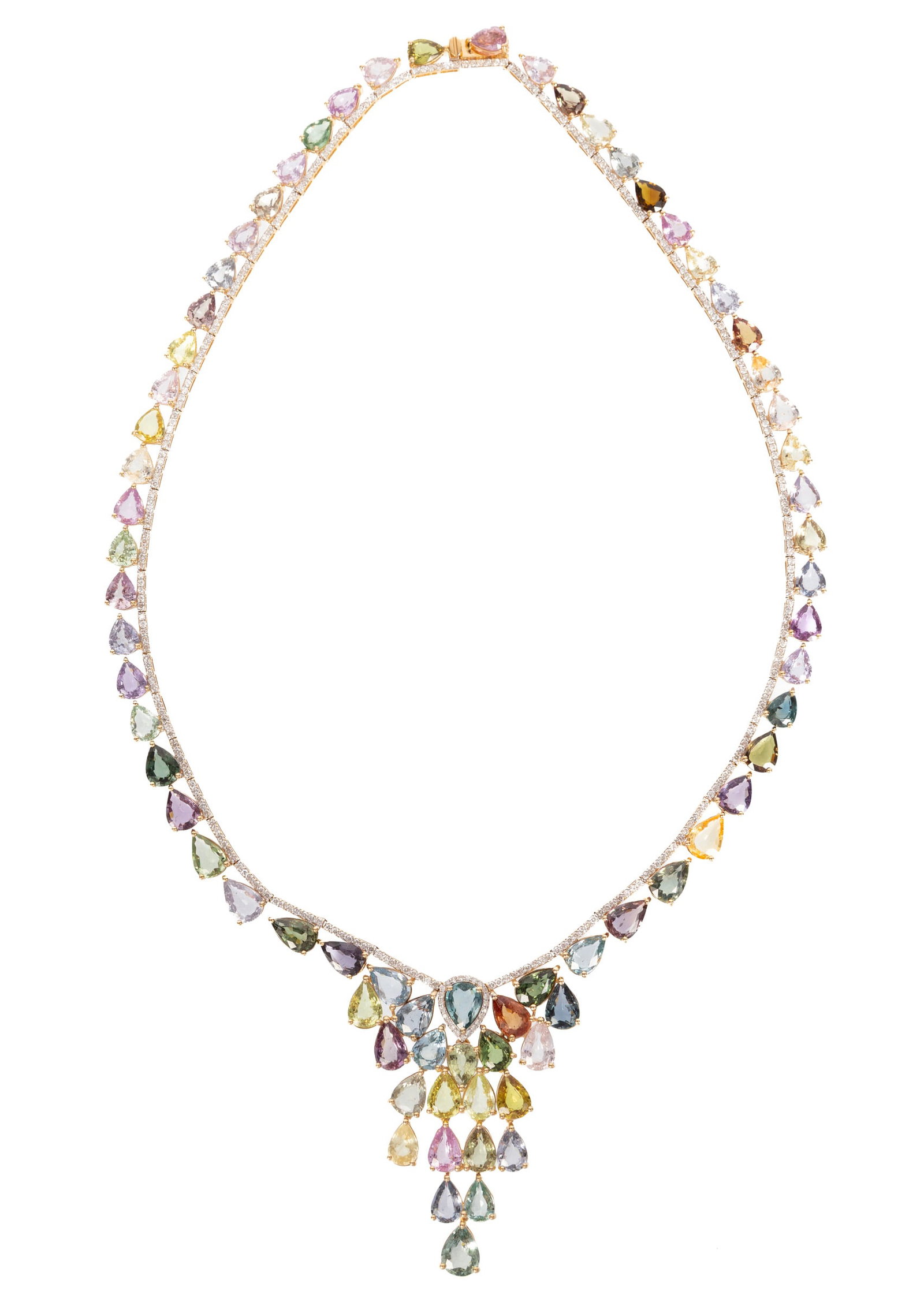 14 kt. Yellow Gold, Multicolor Sapphire and Diamond Necklace: 14 kt. Yellow Gold, Multicolor Sapphire and Diamond Necklace mounted with 73 mixed cut multicolor sapphires, total wt. approx. 80.77 cts.; and 322 round brilliant cut diamonds, total wt. approx. 2.94 