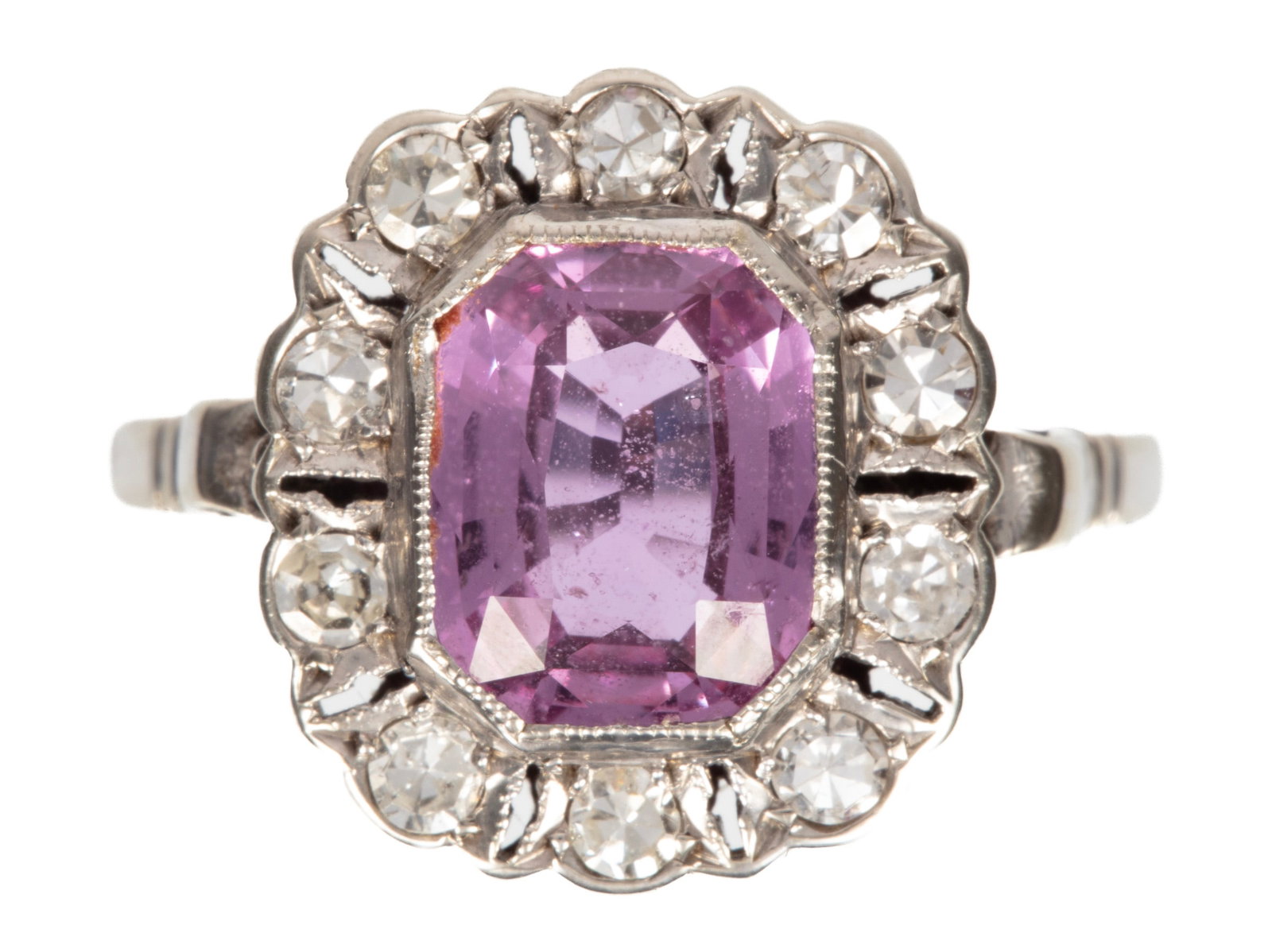 14 kt. White Gold, Pink Sapphire and Diamond Ring: 14 kt. White Gold, Pink Sapphire and Diamond Ring center radiant cut pink sapphire, wt. approx. 2.42 cts.; bezel with 0.33 ct. of single cut diamonds; size 7.25; IAS report. Please Note: Payment for a