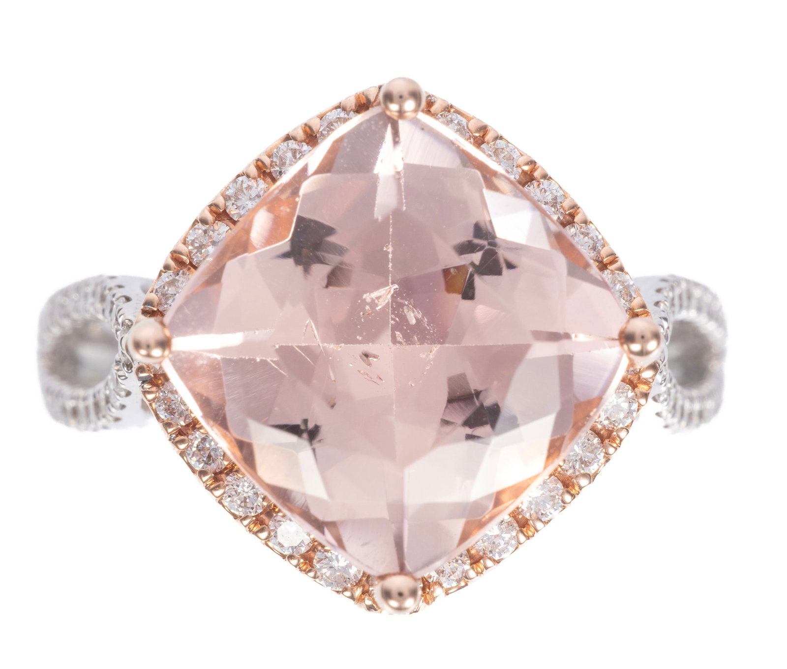 14 kt. Two Tone Gold, Morganite and Diamond Ring: 14 kt. Two Tone Gold, Morganite and Diamond Ring center cushion brilliant faceted cut morganite, wt. approx. 6.49 cts.; mounted with 0.65 ct. of round brilliant cut diamonds; size 7; GGA report.