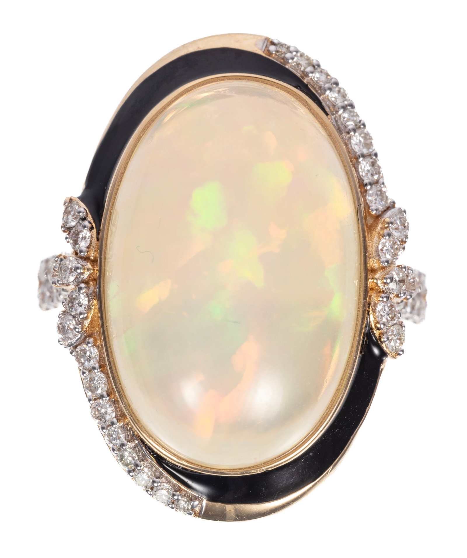 14 kt. Yellow Gold, Opal, Diamond and Enamel Ring: 14 kt. Yellow Gold, Opal, Diamond and Enamel Ring center oval cabochon white fire opal, wt. approx. 10.09 cts.; mounted with 0.48 ct of round brilliant cut diamonds; size 8; EGL report. Please Note: P