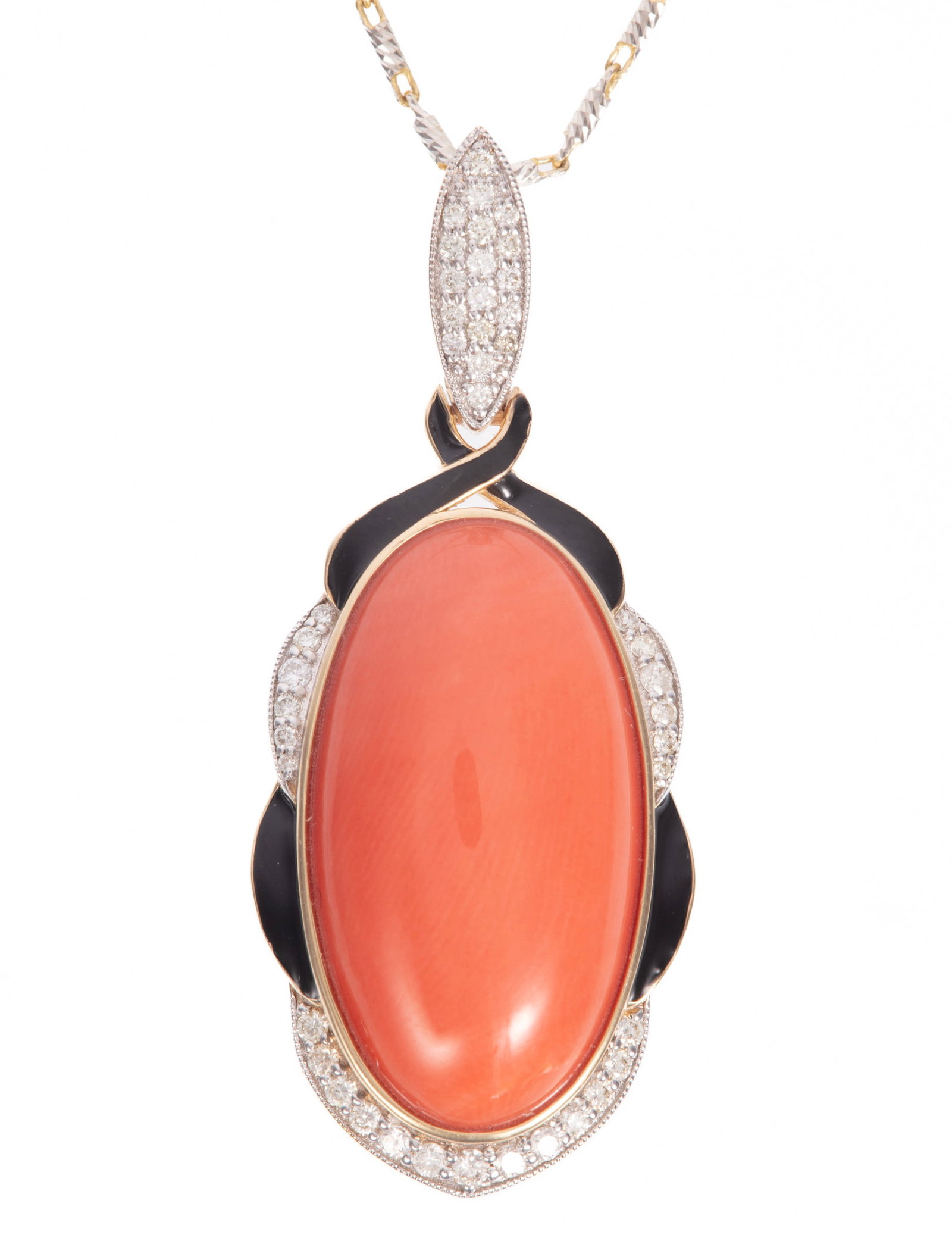 14 kt. Two Tone Gold, Coral, Diamond and Enamel Pendant on Chain: 14 kt. Two Tone Gold, Coral, Diamond and Enamel Pendant on Chain center oval cabochon opal, wt. approx. 12.38 cts.; mounted with 0.28 ct. of round brilliant cut diamonds; pendant l. 1 1/2 in.; chain l