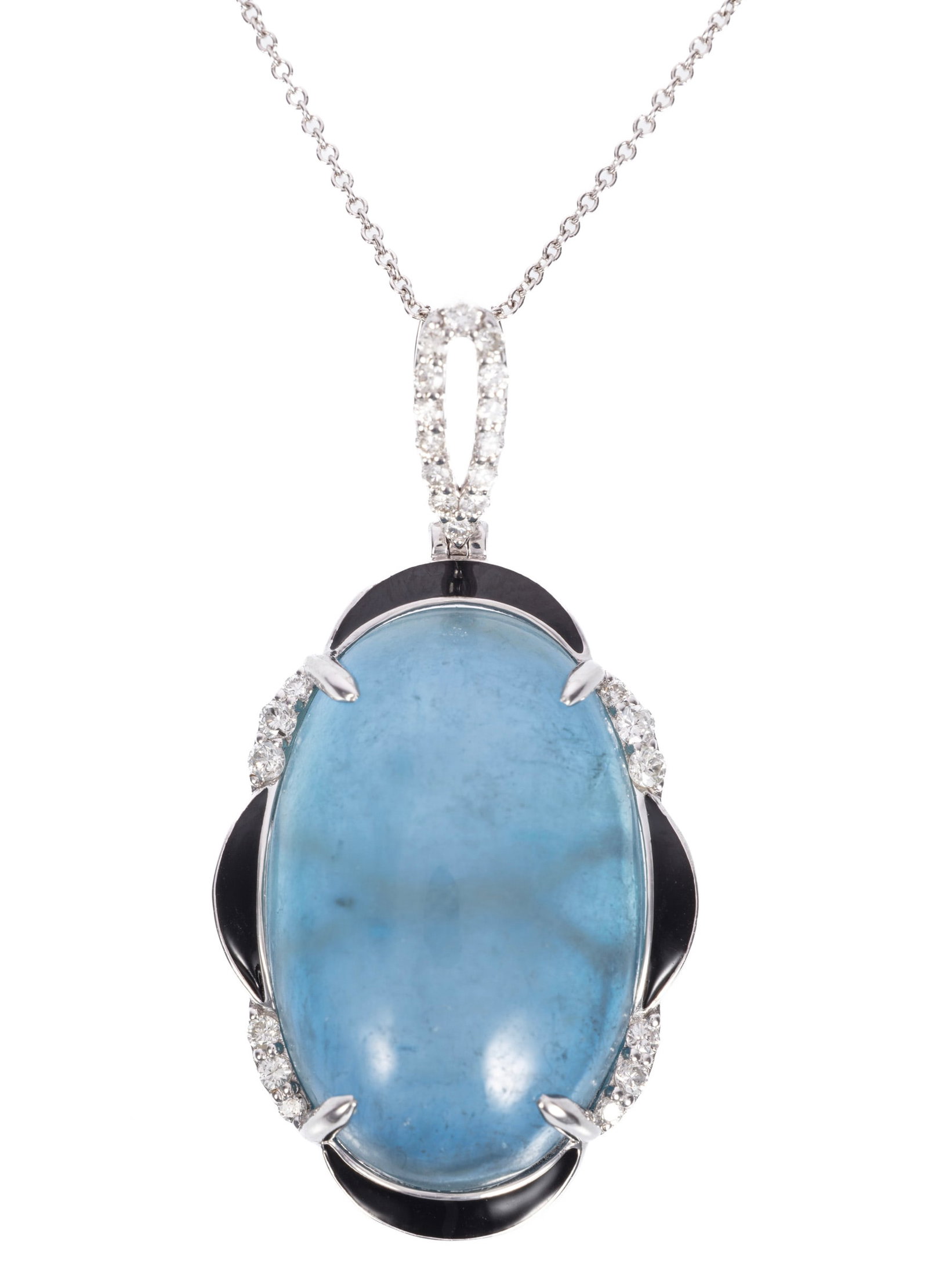14 kt. White Gold, Aquamarine, Diamond and Enamel Pendant on Chain: 14 kt. White Gold, Aquamarine, Diamond and Enamel Pendant on Chain center oval cabochon aquamarine, wt. approx. 24.22 cts.; munted with 0.30 ct. of round brilliant cut diamonds; pendant l. 1 1/2 in.; 