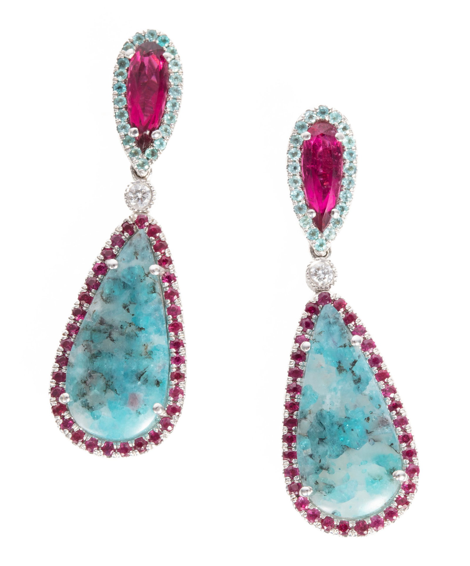 18 kt. White Gold, Tourmaline and Diamond Dangle Earrings: 18 kt. White Gold, Tourmaline and Diamond Dangle Earrings mounted with 2 pear cabochon cut and 44 round brilliant cut paraiba tourmaline, total wt. approx. 21.00 cts.; 2 pear and 68 round brilliant cu