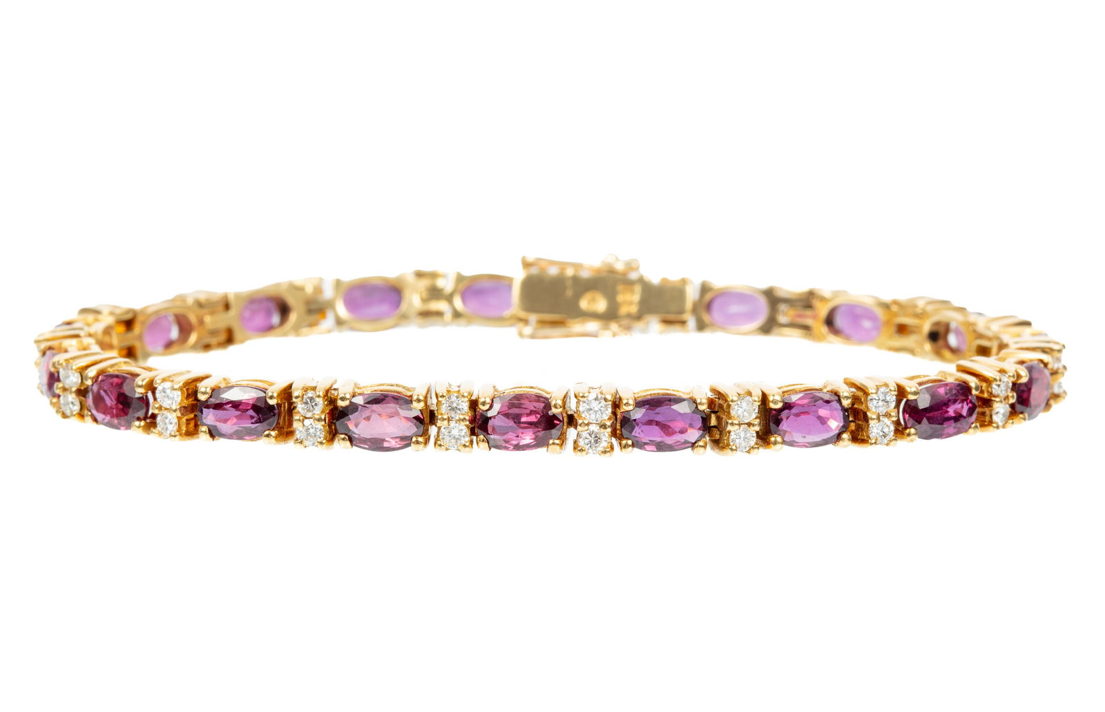 18 kt. Yellow Gold, Ruby and Diamond Line Bracelet: 18 kt. Yellow Gold, Ruby and Diamond Line Bracelet marked, l. 7 1/4 in.; 13.90 dwts.