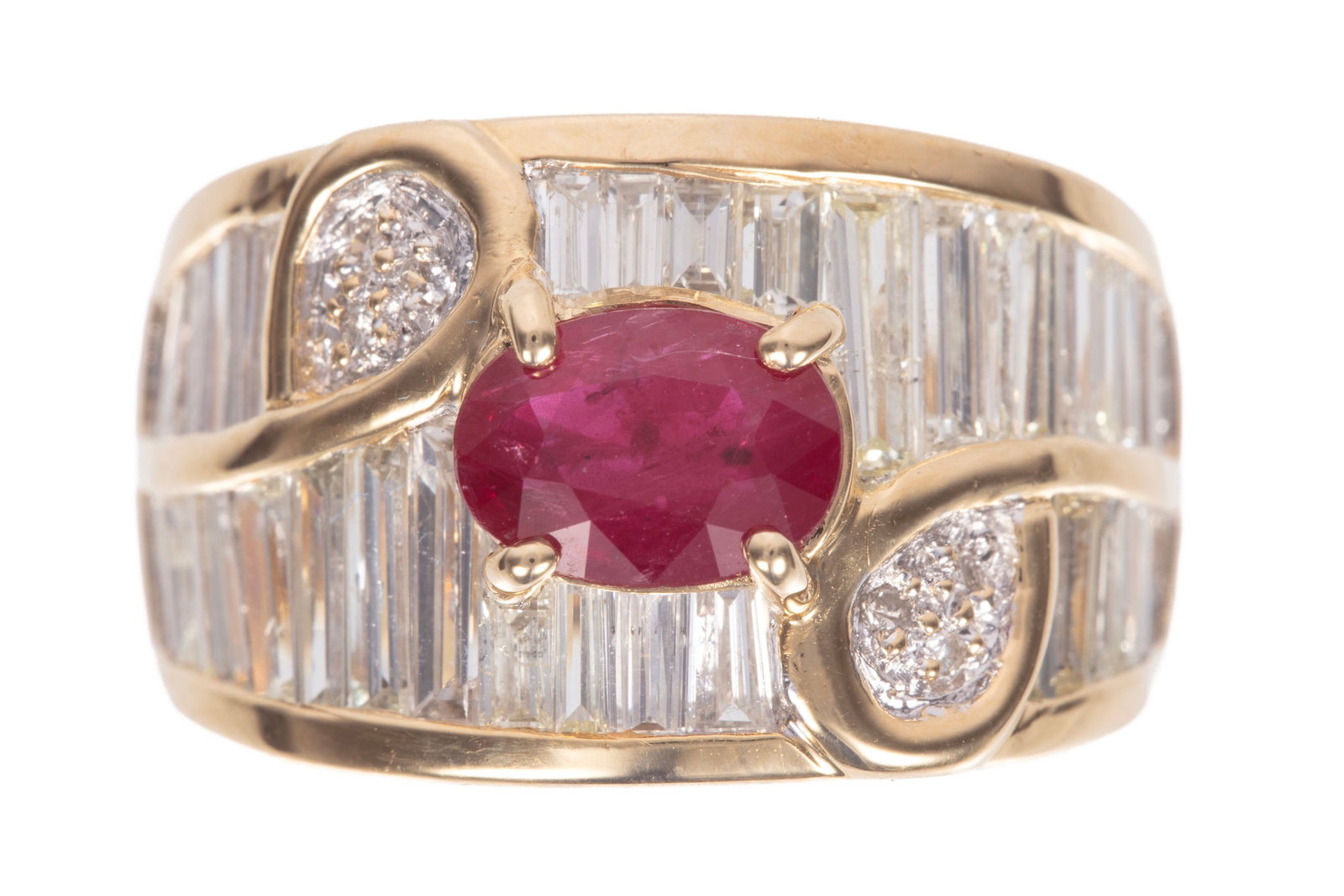 18 kt. Yellow Gold, Ruby and Diamond Ring: 18 kt. Yellow Gold, Ruby and Diamond Ring center oval mixed cut ruby, wt. approx. 1.38 cts.; and numerous round and baguette cut diamonds; size 8; 7.21 dwts. GIA report. Please Note: Payment for all j