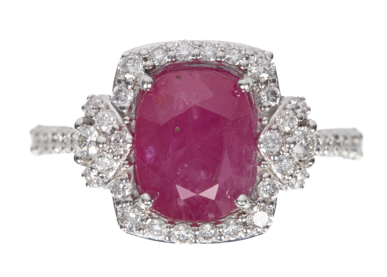 Platinum, Burmese Ruby and Diamond Ring: Platinum, Burmese Ruby and Diamond Ring center cushion mixed cut ruby, wt. approx. 3.49 cts.; mounted with 0.66 ct. of round brilliant cut diamonds; size 6.75; AIGL and GIA reports. Please Note: Payme