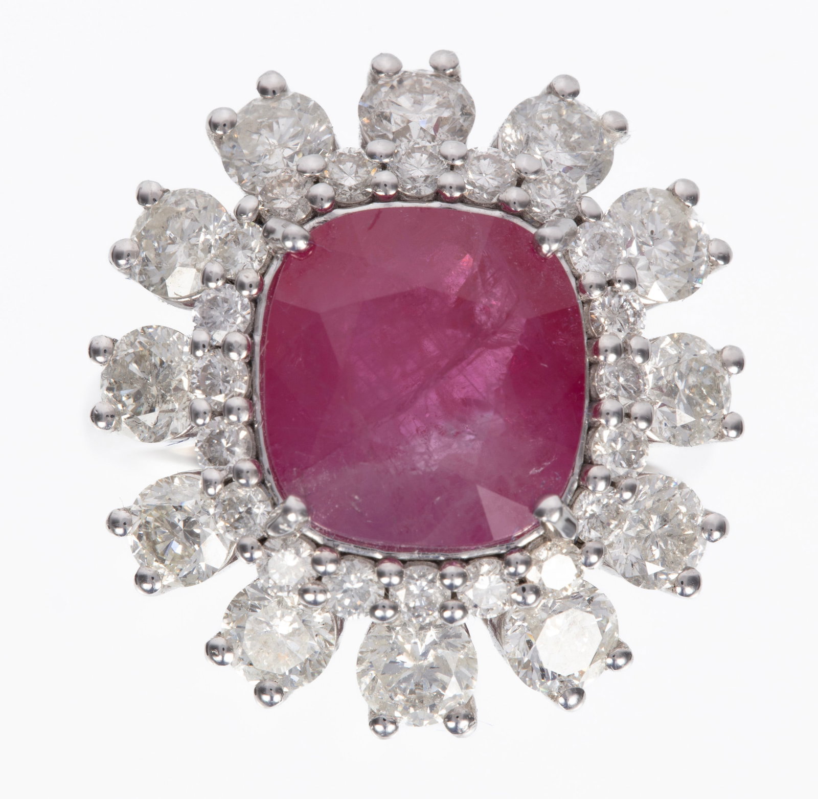 Platinum, Burmese Ruby and Diamond Ring: Platinum, Burmese Ruby and Diamond Ring center cushion mixed cut Burmese ruby, wt. approx. 4.94 cts.; mounted with 32 round brilliant cut diamonds, total wt. approx. 3.02 cts., G-H color SI1-SI3 clari