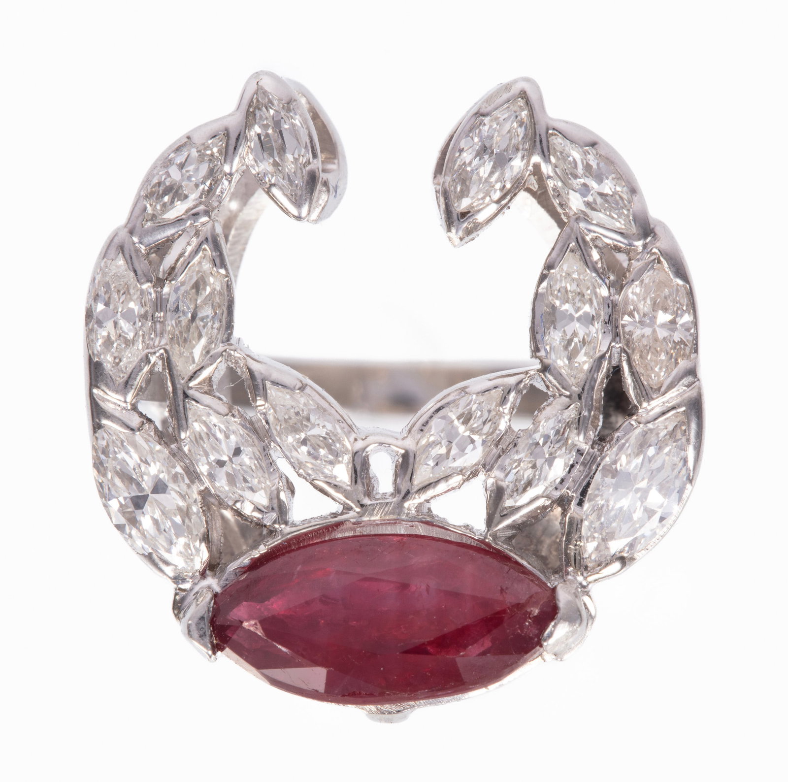 18 kt. White Gold, Ruby and Diamond Ring: 18 kt. White Gold, Ruby and Diamond Ring center marquise mixed cut ruby, wt. approx. 1.28 cts.; and numerous round diamonds; size 4; GIA report. Please Note: Payment for all jewelry and all couture it