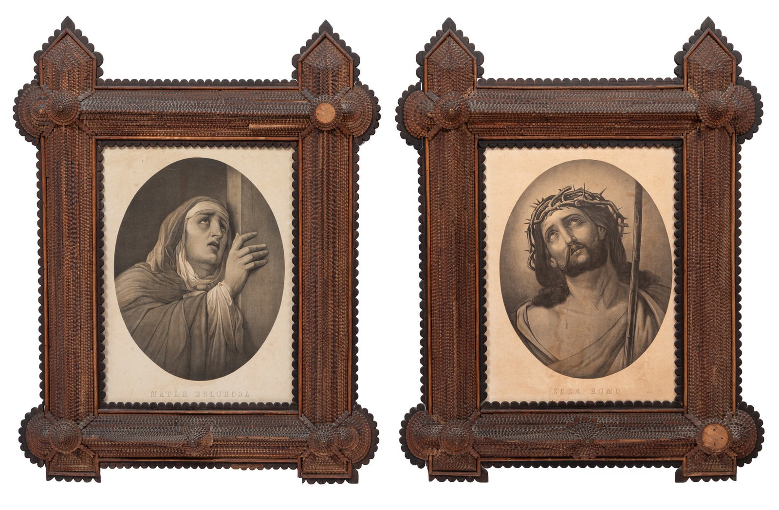 Two Large and Elaborate Tramp Art Frames: Two Large and Elaborate Tramp Art Frames unsigned, containing "Mater Dolorosa" and "Ecce Homo" antique lithographs on paper laid on board. (2 pcs.) Provenance: Collection of James Resko and the late R
