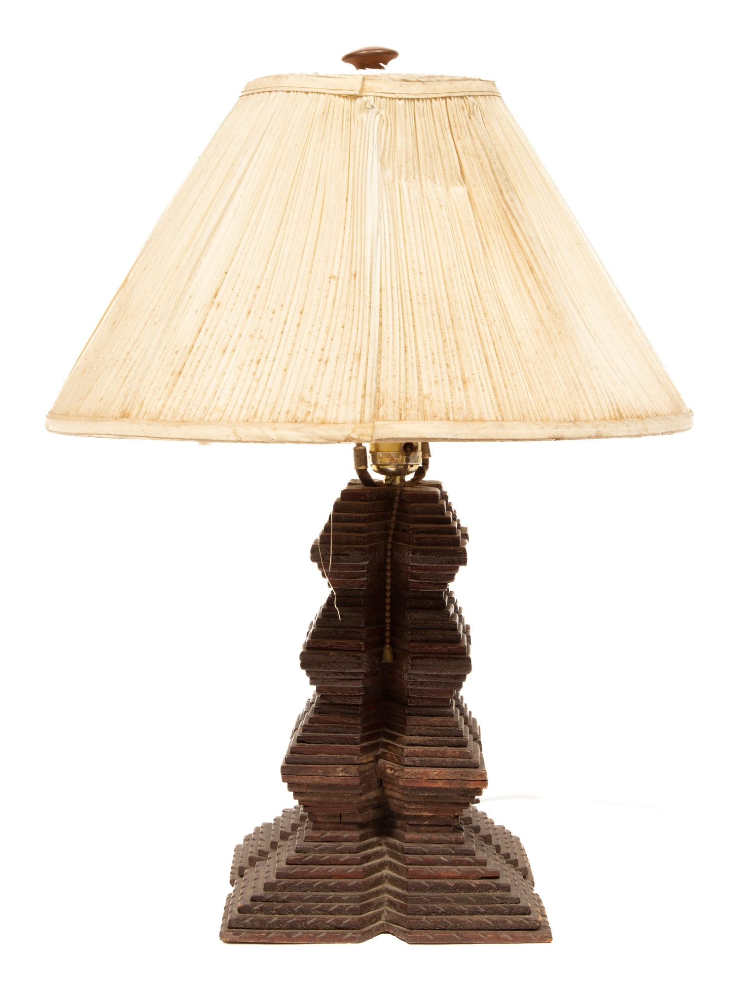 Tramp Art Lamp: Tramp Art Lamp inscribed "Falls" with "Horse Race" debossing under base. Provenance: Collection of James Resko and the late Richard Gasperi, New Orleans, LA. With Shade: 21 1/2 x 16 x 16 in. (54.6 x 4