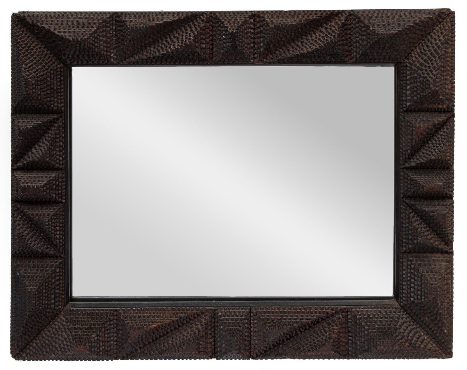 Tramp Art Mirror: Tramp Art Mirror unsigned. Provenance: Collection of James Resko and the late Richard Gasperi, New Orleans, LA. 27 1/2 x 35 x 3 in. (69.9 x 88.9 x 7.6 cm.)