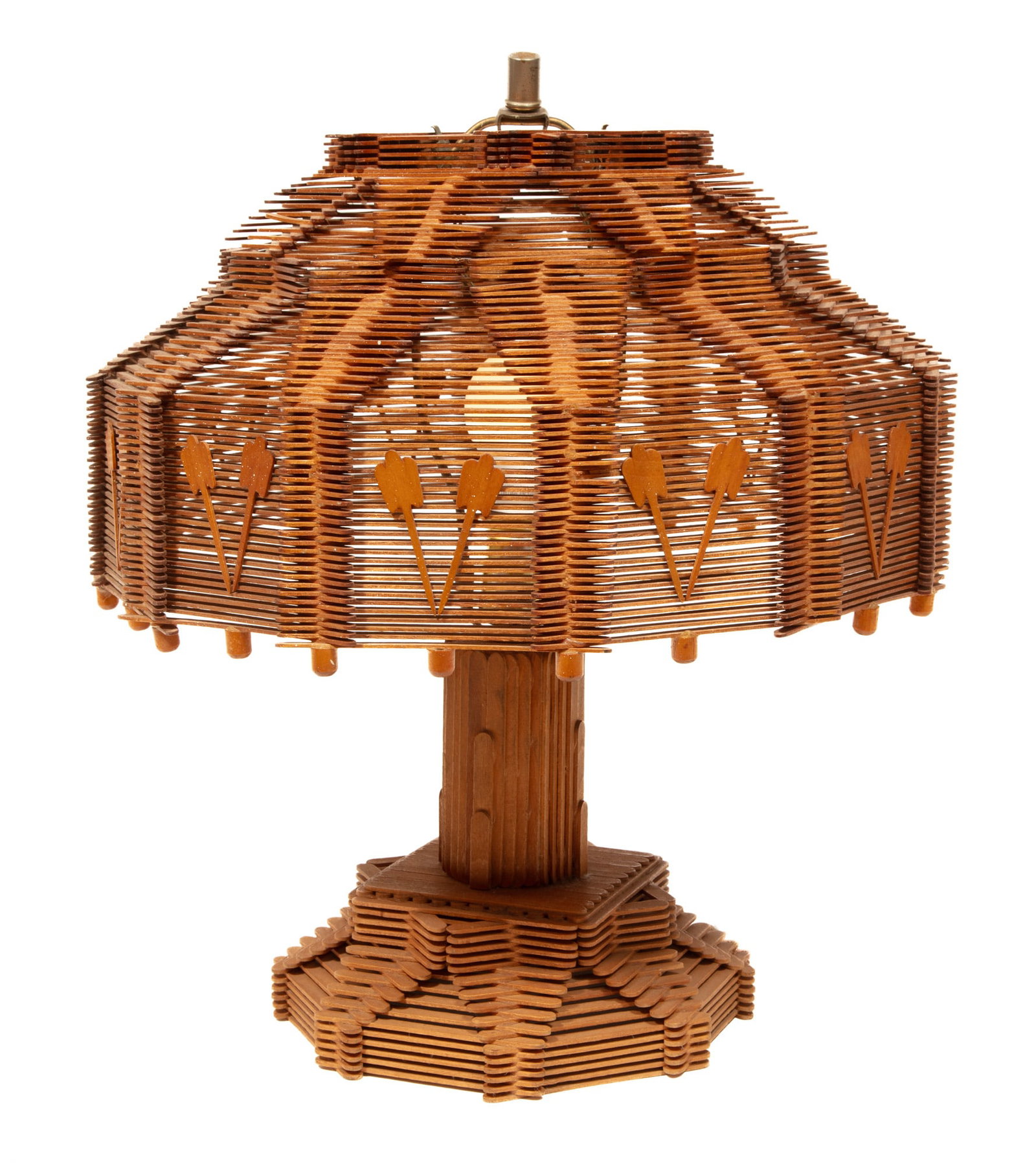Tramp Art Popsicle Stick Table Lamp: Tramp Art Popsicle Stick Table Lamp Provenance: Collection of James Resko and the late Richard Gasperi, New Orleans, LA. 18 x 16 1/4 x 16 1/4 in. (45.7 x 41.3 x 41.3 cm.)